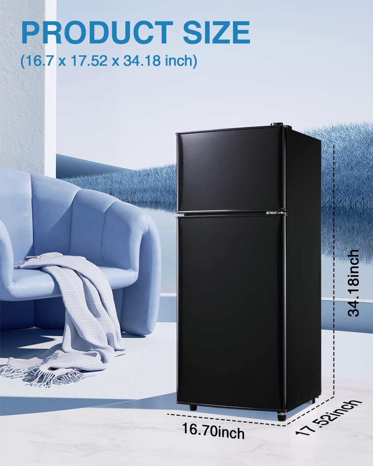 3.5 Cu Ft Mini Refrigerator with Freezer, Double Door, 7 Level Adjustable Thermostat, Modern Design for Home, Office, Dorm (Black)