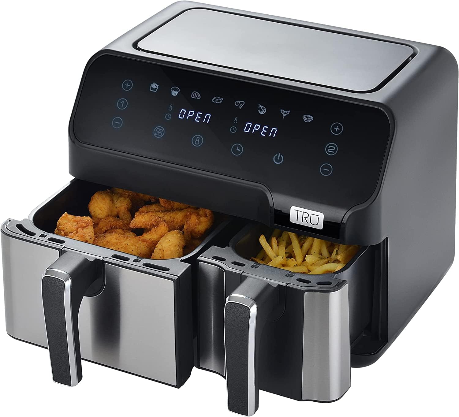 TRU Dual Zone Air Fryer, 9.0 Quarts, Temperature Control, Black and Stainless Steel