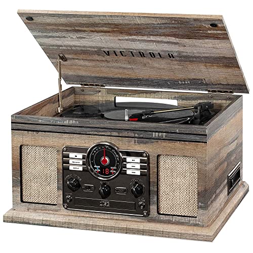 Victrola Nostalgic Classic Wood 6-in-1 Bluetooth Turntable Entertainment Center, Mahogany Bundle with Victrola Wooden Stand for Wooden Music Centers with Record Holder Shelf