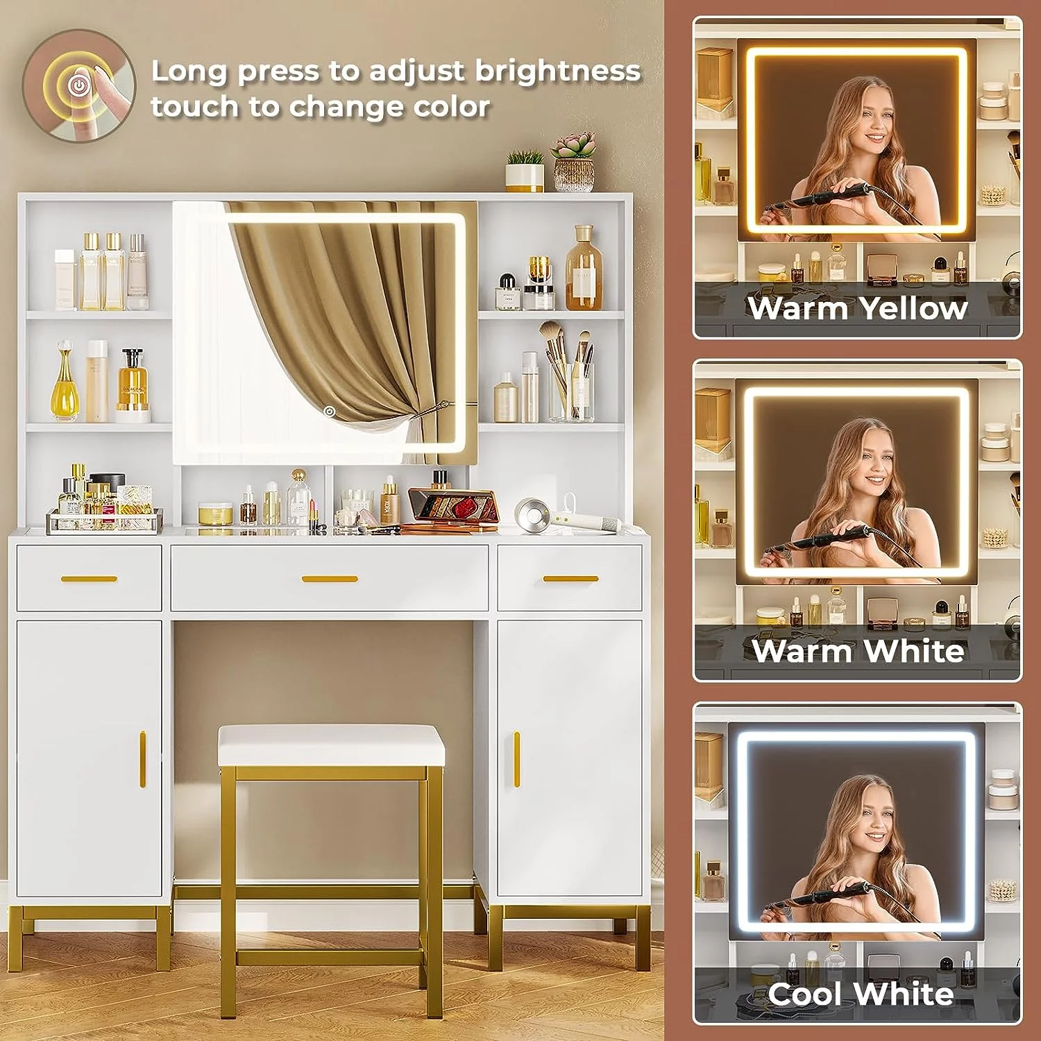 AOGLLATI Vanity Desk with Lights Mirror and 3 Drawers,Glass Tabletop Make up Vanity Set with Charging Station & 2 Cabinets,Hidden Hooks,White