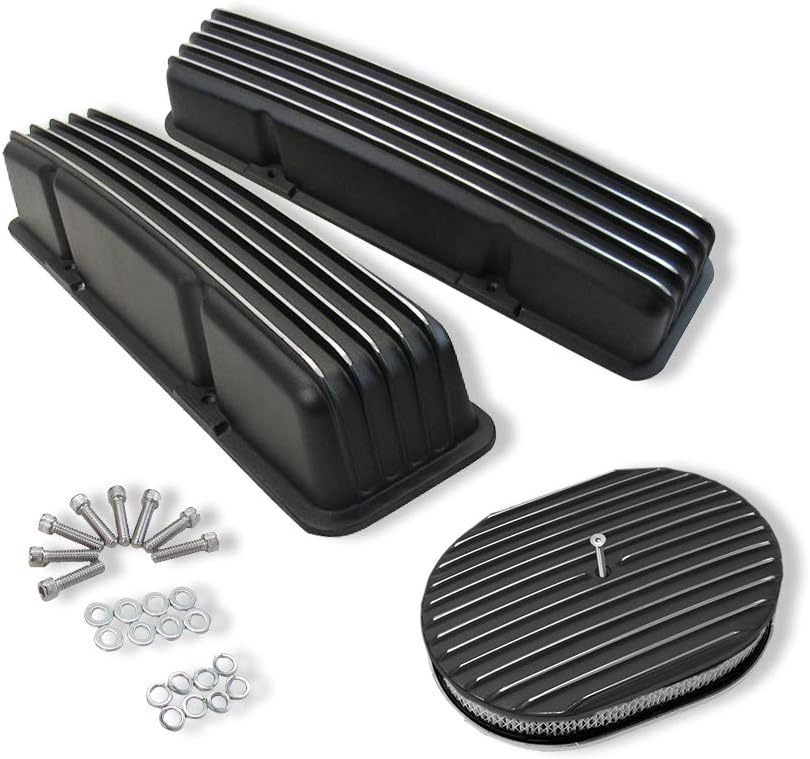DEMOTOR PERFORMANCE Tall Finned Valve Cover W/O Hole for SBC 327 350 Chevy & 12" Oval Full Finned Air Cleaner Dress Up Kit Black