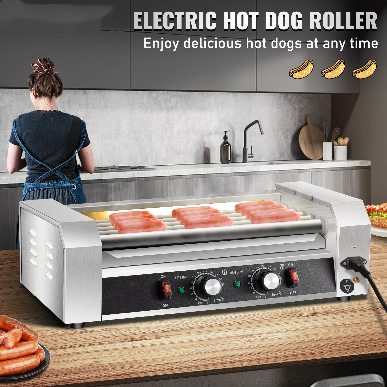 BENTISM Commercial 12 Hot Dog 5 Roller Grill Cooker Machine Stainless Steel 750W