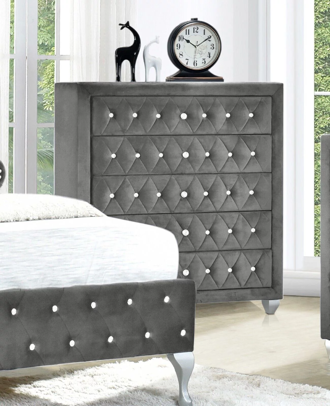 Modern 6Pc Queen Size Bed Dresser Mirror Nightstand Chest Set Master Bedroom Furniture Gray Velvet
