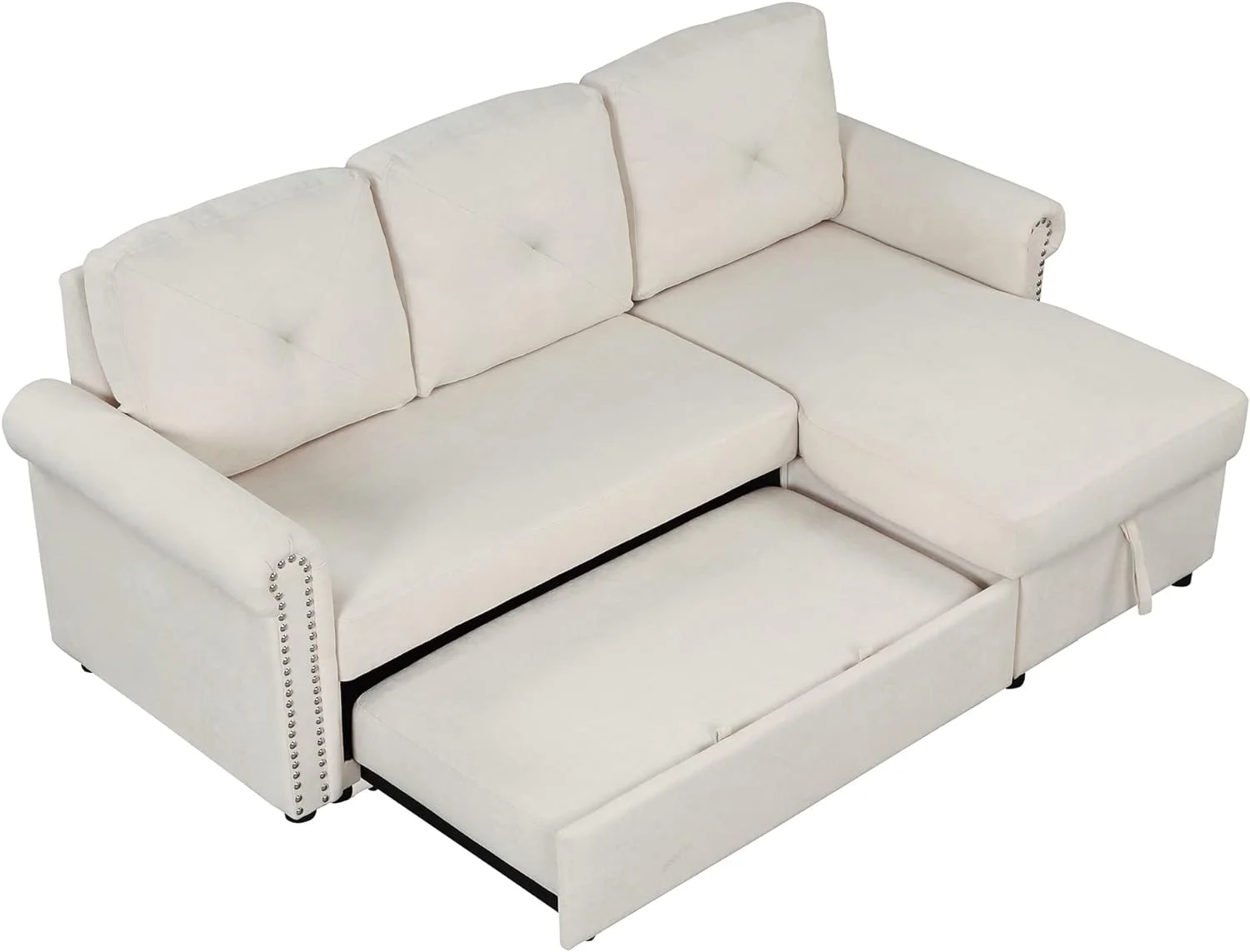 Convertible Pull-Out Sleeper Sofa Bed W/Storage Chaise Lounge, L-Shape 3-Seat Linen Corner Sofa Couch With Button Tufted Design And Copper Nailhead Trim (Beige)