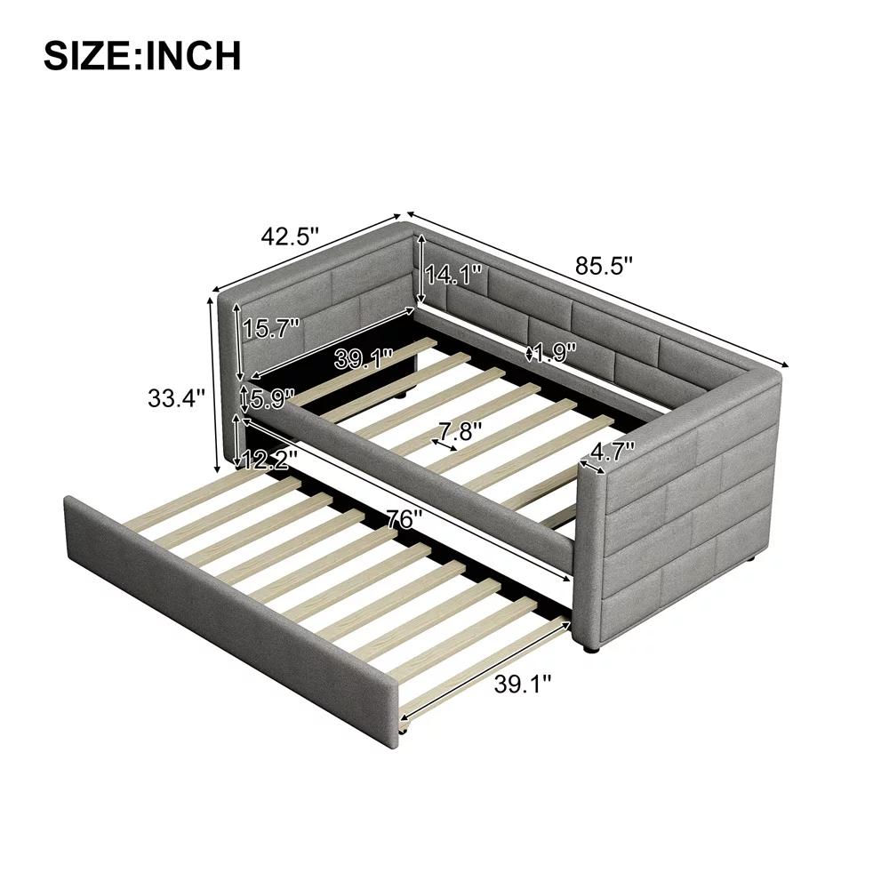 Twin Daybed with Trundle, Upholstered with Storage Drawers, Wood, No Box Spring Needed, Gray