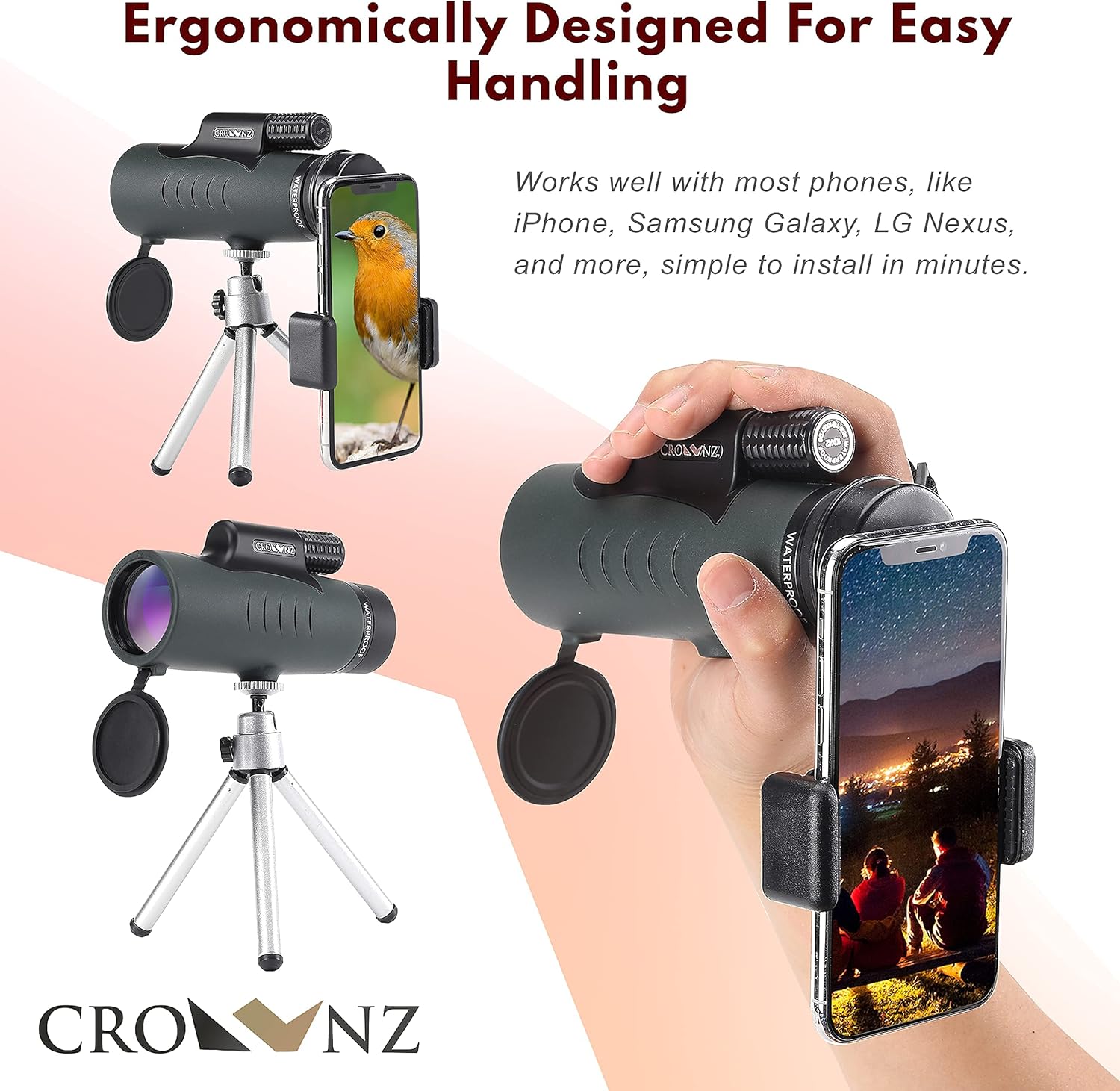 Crownz Monocular Telescope Day Low Night Vision High Power Monocular with Quick Smartphone Holder Tripod BAK4 Prism Dual Focus for Bird Watching Hunting Camping, Waterproof Fog Proof Shockproof Scope