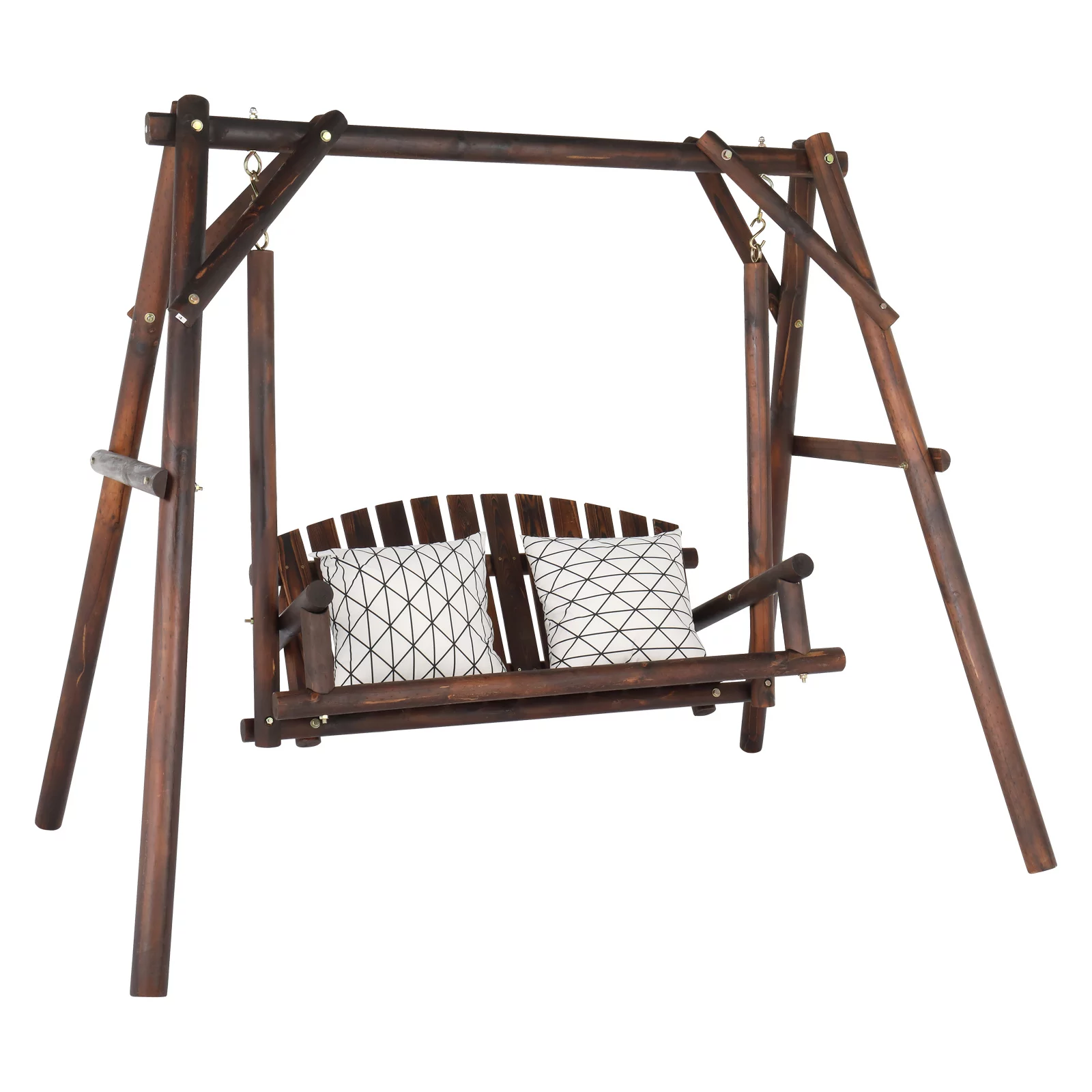 6.5’ Outdoor Rustic Loveseat Freestanding Solid Wood Natural Log Garden Swing，Brown