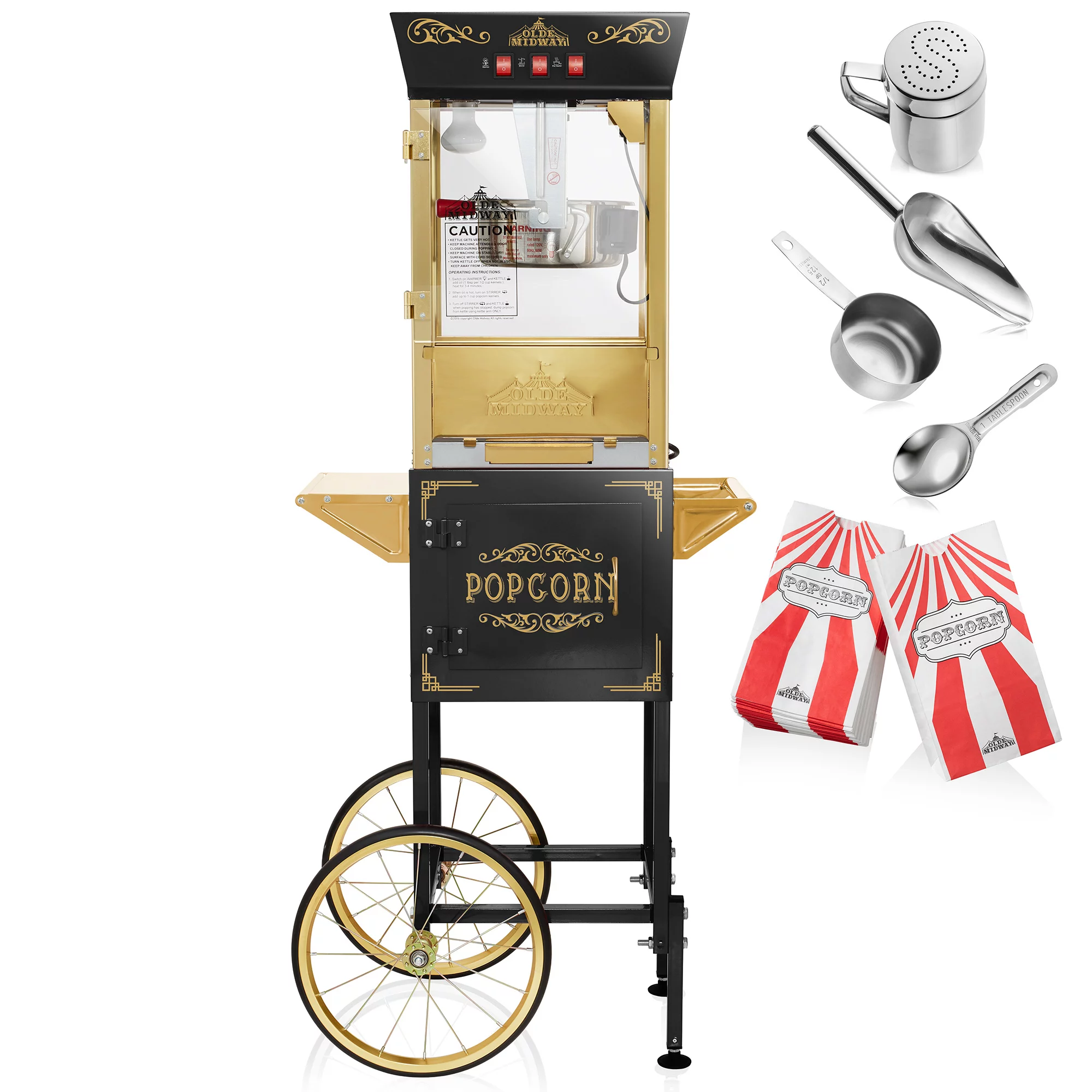 Olde Midway Movie Theater-Style Popcorn Machine with Cart and 8 oz Kettle, Black