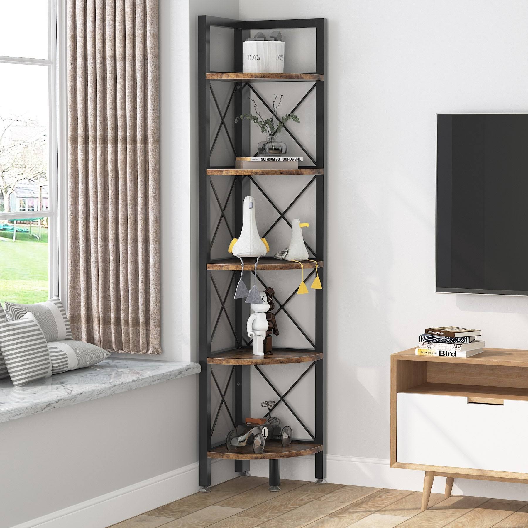 5-Tier Corner Shelves, 5 Shelf Corner Bookshelf and Bookcase - Black