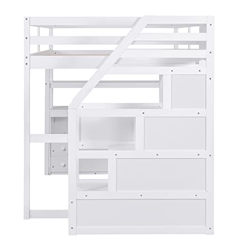 Harper & Bright Designs Twin Loft Bed with Stairs and Desk, Solid Wood Loft Bed Frame with Storage Drawers and Bookshelf for Kids Teens Adults - White