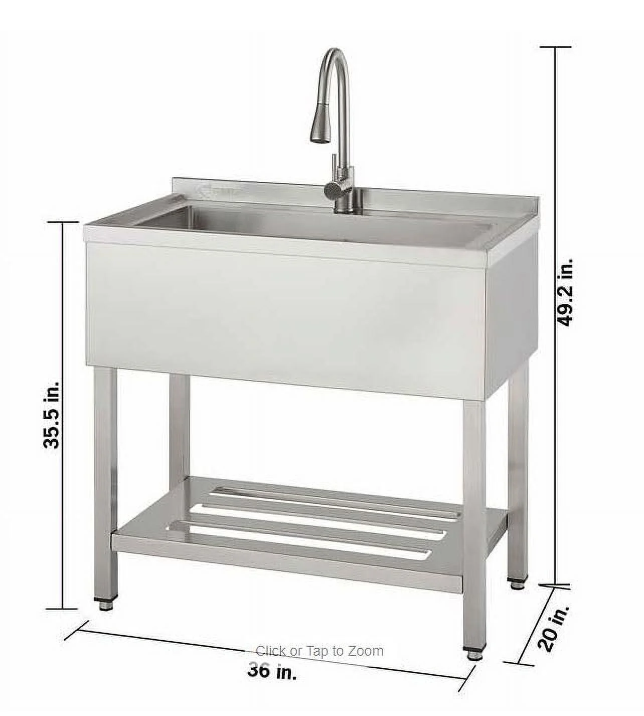 TRINITY Stainless Steel Freestanding Single Bowl Utility Sink for Garage, Laundry Room, and Commercial Use, Includes Pull-Out Faucet, NSF Certified, 36" x 20" x 49", Stainless Steel