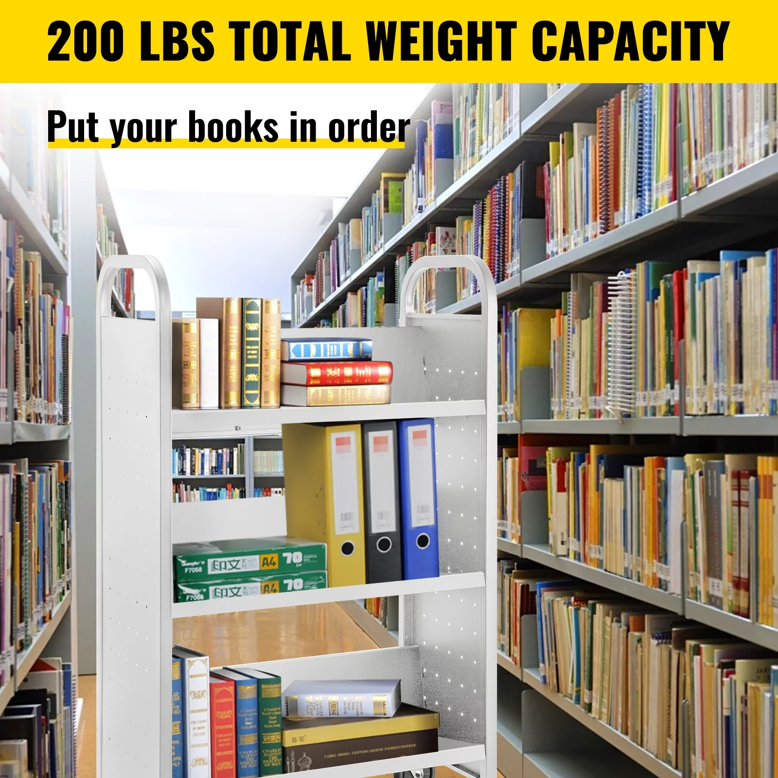 VEVOR Book Cart Single Sided V-Shaped , Rolling Book Cart with 4 inch Lockable Wheels, for Home Shelves Office and School Book Truck in White - Curated Treasures Market