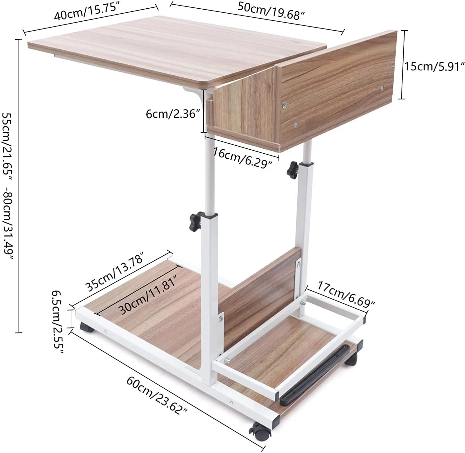 HOOMHIBIU C Shaped Table  Mobile Couch Table w/Wheels  Height Adjustable Sofa Side Table  Wooden Snack Side Table w/  Bedside Laptop Stand for Bedrooms  Study Rooms  Dormitories  Other Sm