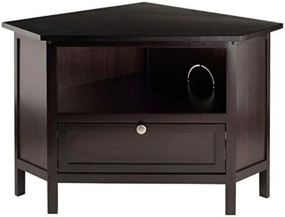 Wood Zena Corner TV Media Stand - Espresso, 27" TV Capacity, Open Shelf & Pull-Down Door, Wire-Access Grommet, Easy Assembly, 34.65" W X 23.94" D X 22.28" H