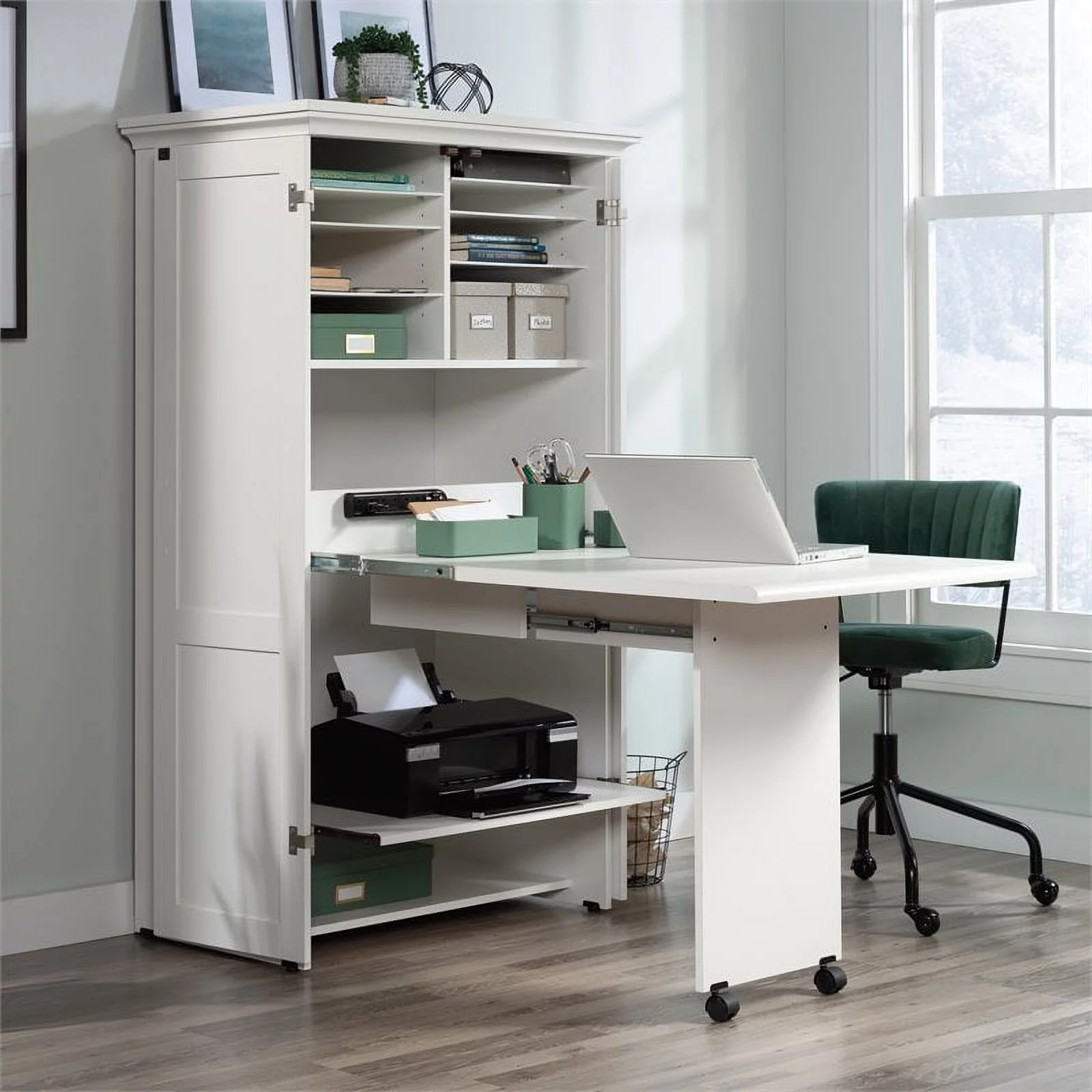 Pemberly Row Modern Engineered Wood Multi-Purpose Storage Craft Armoire in White - Curated Treasures Market
