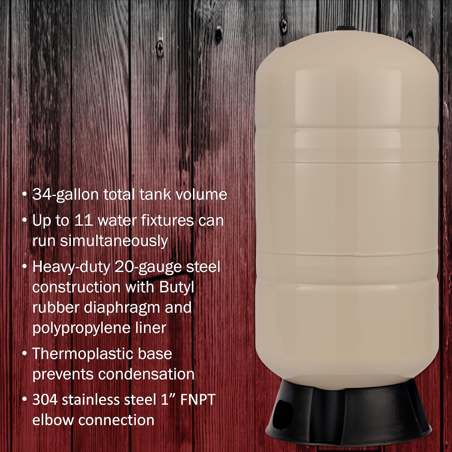 Red Lion RL34A 34-Gallon Vertical Pre-Charged Pressure Tank with Thermoplastic Base for Well Pumps, 1-Inch FNPT System Connection, Almond, 604683