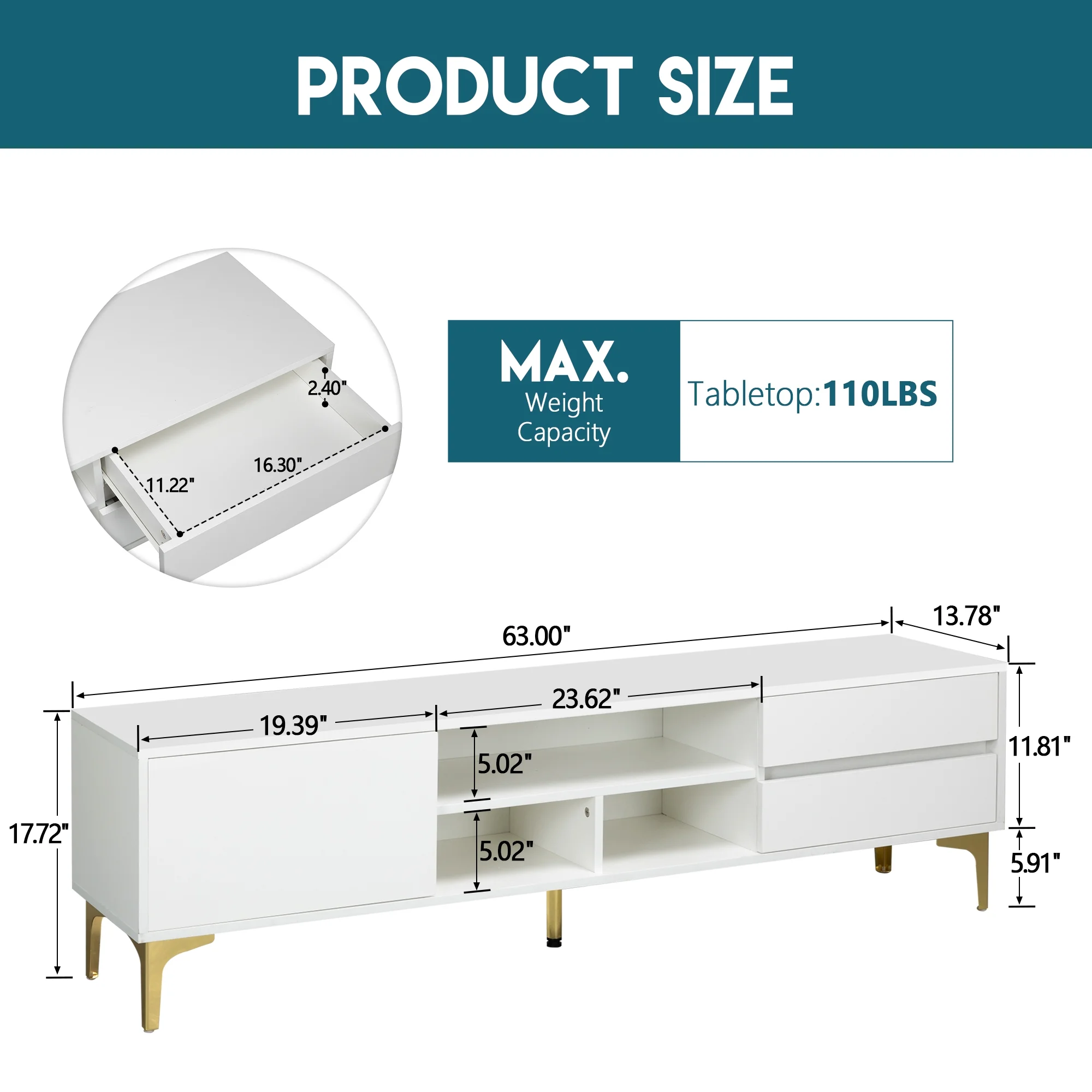 TV Stand,TV Cabinet,Entertainment Center,TV Console,Media Console,With LED Remote Control Lights,Uv Bloom Drawer Panel,Gold Metal Table Legs, Can Be Placed in The Living Room, Bedroom, White