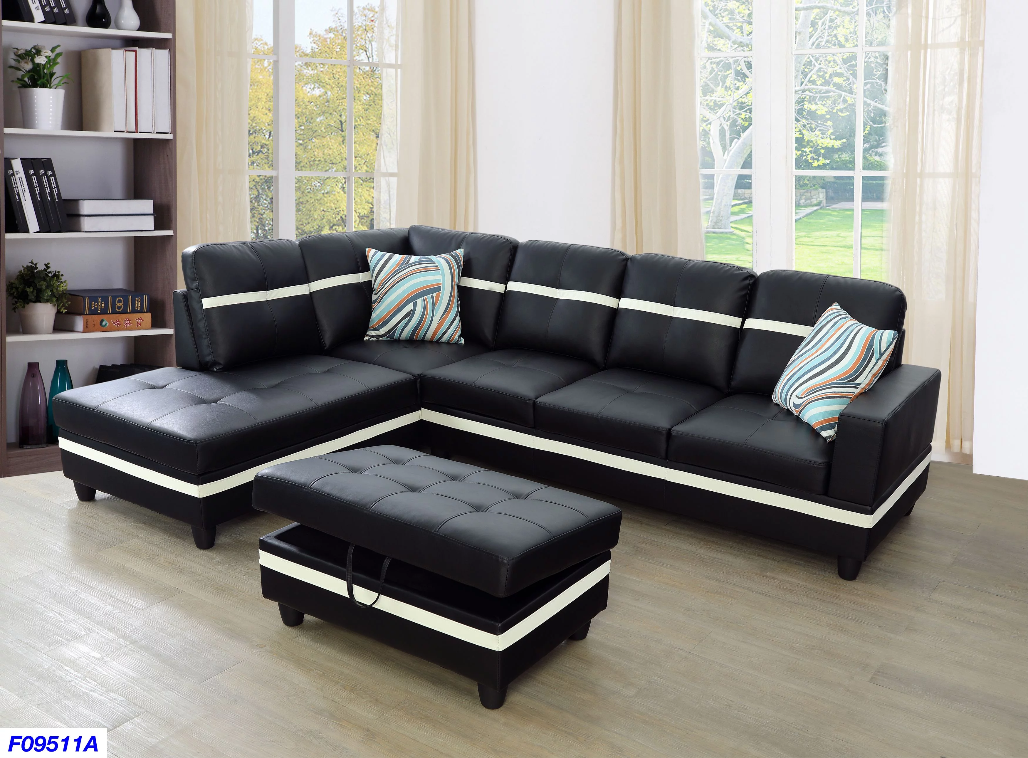 AYCP Furniture Sectional Sofa Set with Storage Ottoman, Left Hand Facing Chaise, Black Faux Leather