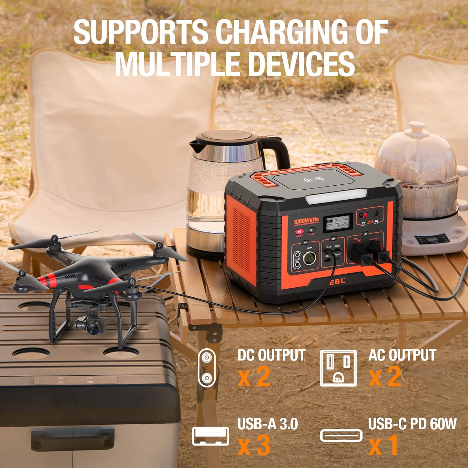 EBL Portable Power Station Voyager 1000, 110V/1000W Solar Generator, 999Wh/270000mAh High Lithium Battery, with 2 x AC Outlets, 3 x QC3.0 USB, and PD60W port for Outdoor Camping, Home Emergency, RV/Van