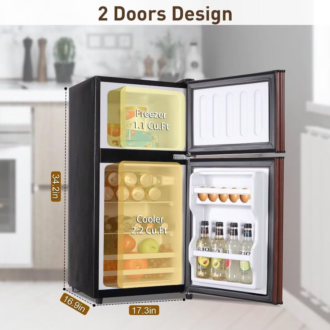Compact Refrigerator, 3.3 Cu.Ft Apartment Size Refrigerator with Freezer, Small Fridge with Level Adjustable Thermostat Control Perfect for Kitchen, Wood