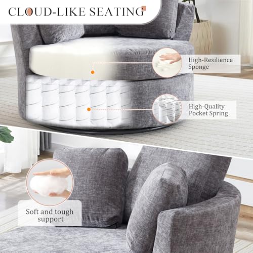 Chair and A Half with Ottoman, 360° Swivel Accent Barrel Chair Modern Comfy Round Reading Sofa Swivel Chairs Circle Lounge Chair for Bedroom Living Room w/4 Pillow Lower Seating Heigh (White, Large)