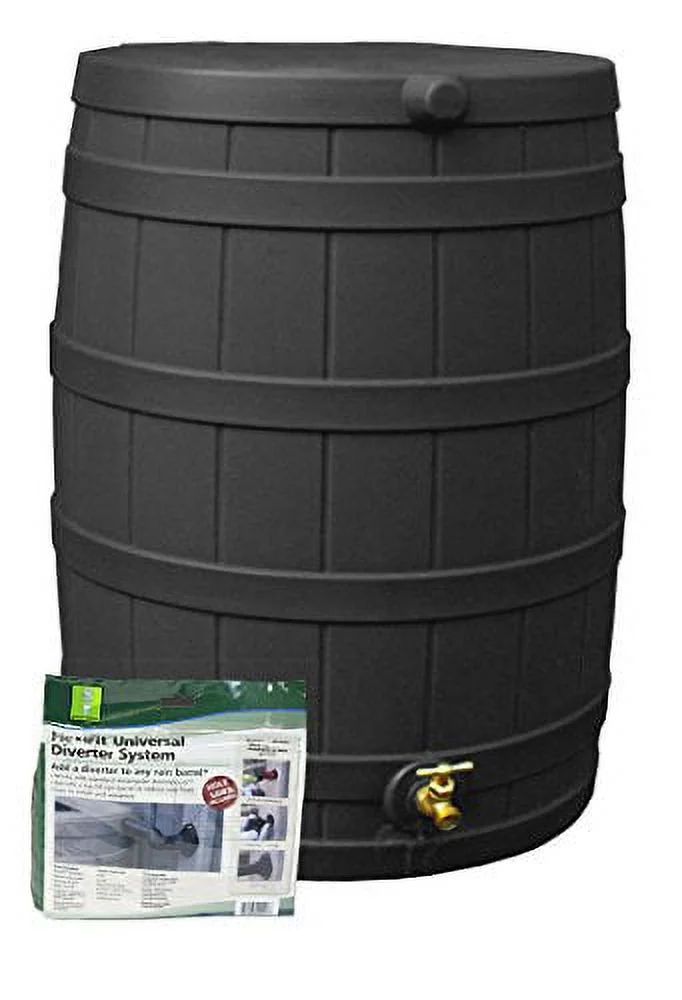 Good Ideas Rain Wizard Water Storage Rain Collection Barrel 50-Gallon w/Diverter Kit, Black - Curated Treasures Market