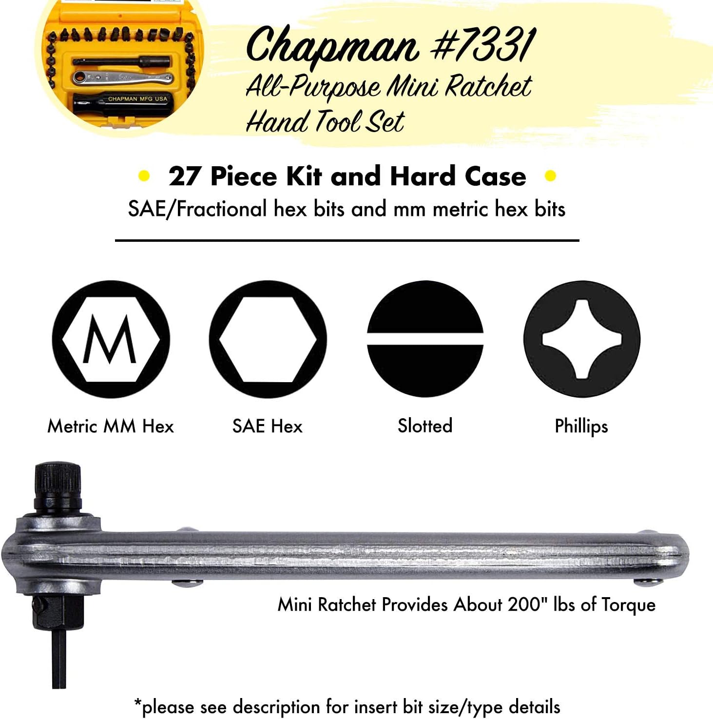 Chapman MFG 7331 All-Purpose Standard Screwdriver Set - Includes Phillips, SAE Allen Hex & Slotted/Flathead Bits, Complete Set Offers 24 USA Made Insert Bits + Mini Ratchet Hand Tool (Desert Tan Case)