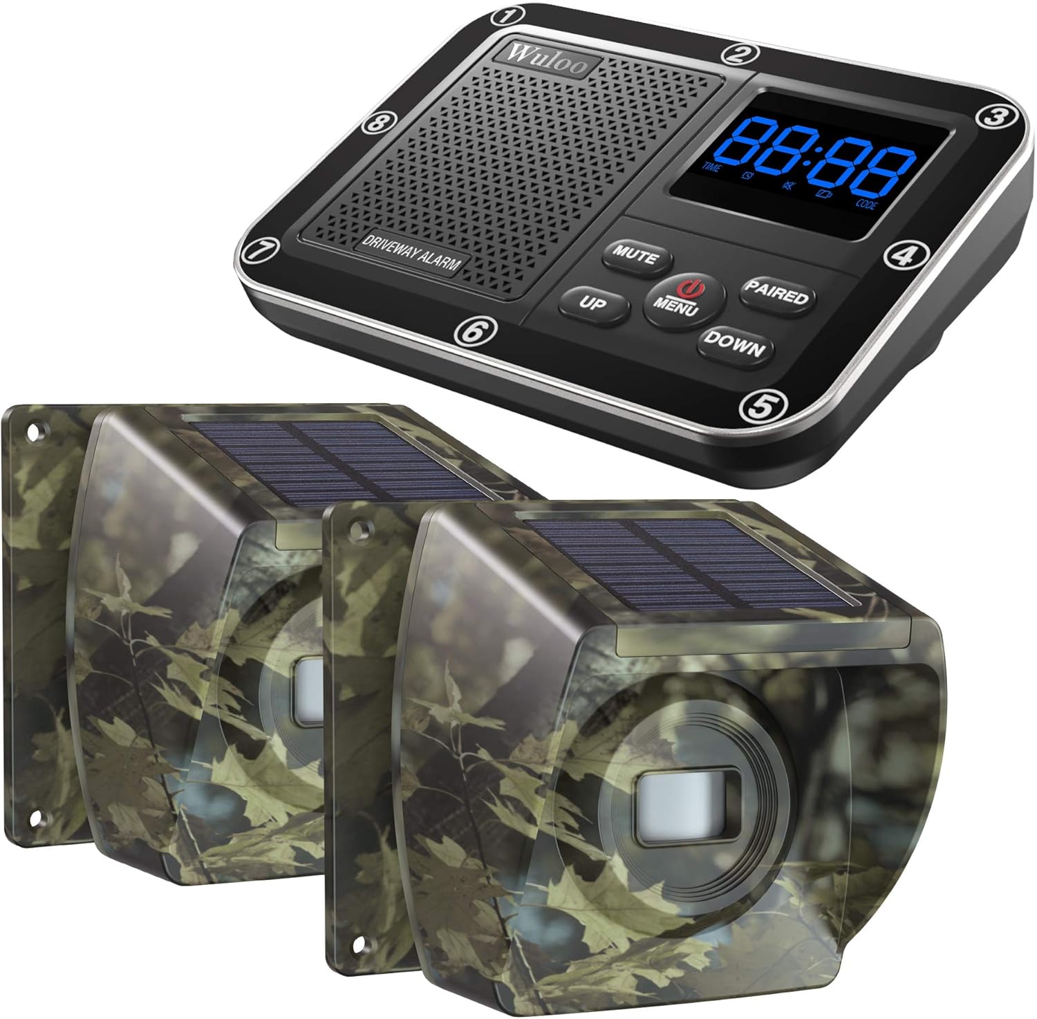 Solar Driveway Alarm Wireless Outside 1800ft Range, Outdoor Motion Sensor & Detector Driveway Alert System with Rechargeable Battery/Weatherproof/Mute Mode (1&2-Camouflage)