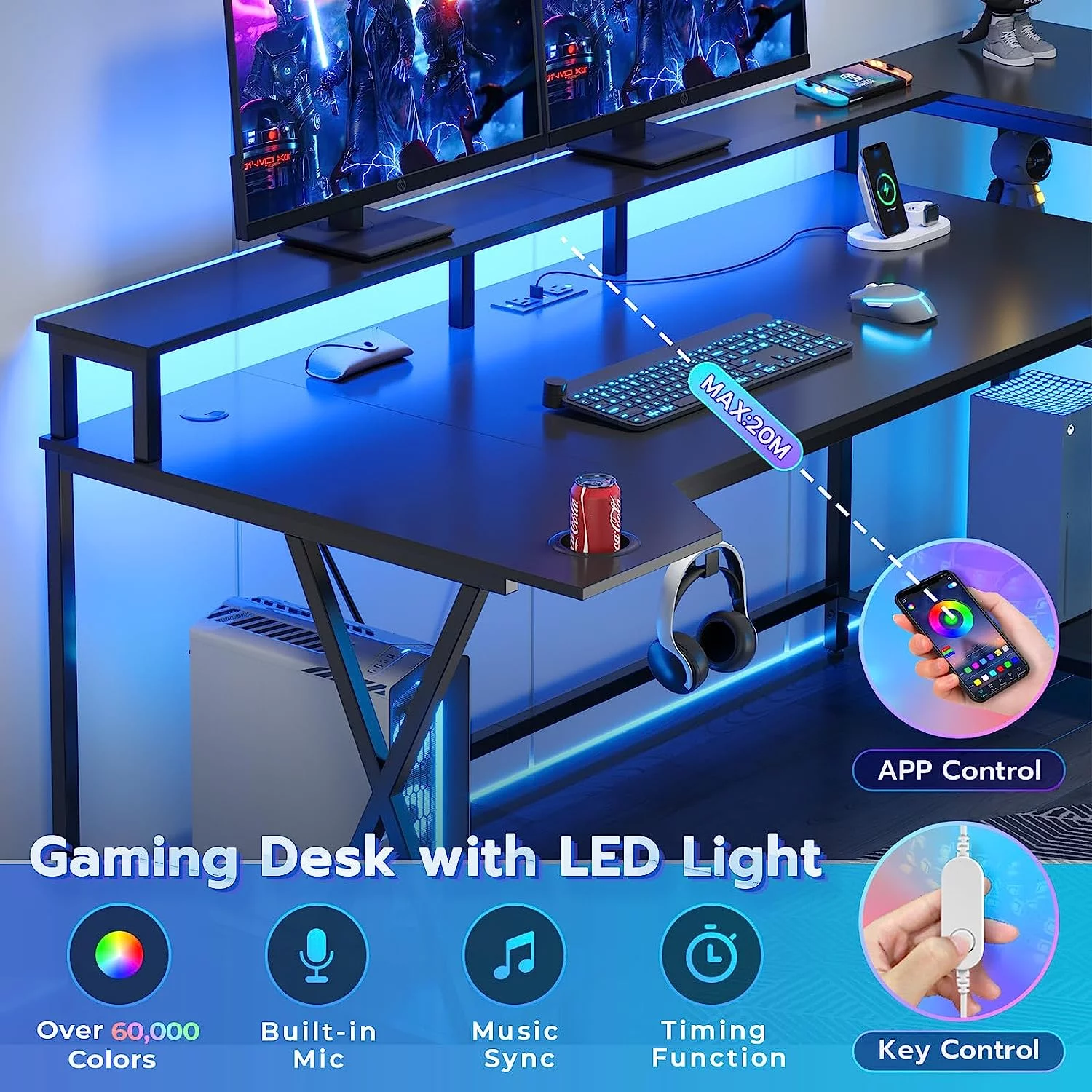 70.8'' Computer Desk with LED Lights and Storage Shelves, Gaming Desk with Monitor Stand, Power Outlets and Cup Holder, Large PC Gamer Desk Gaming Table for Bedroom, Living Room, Black