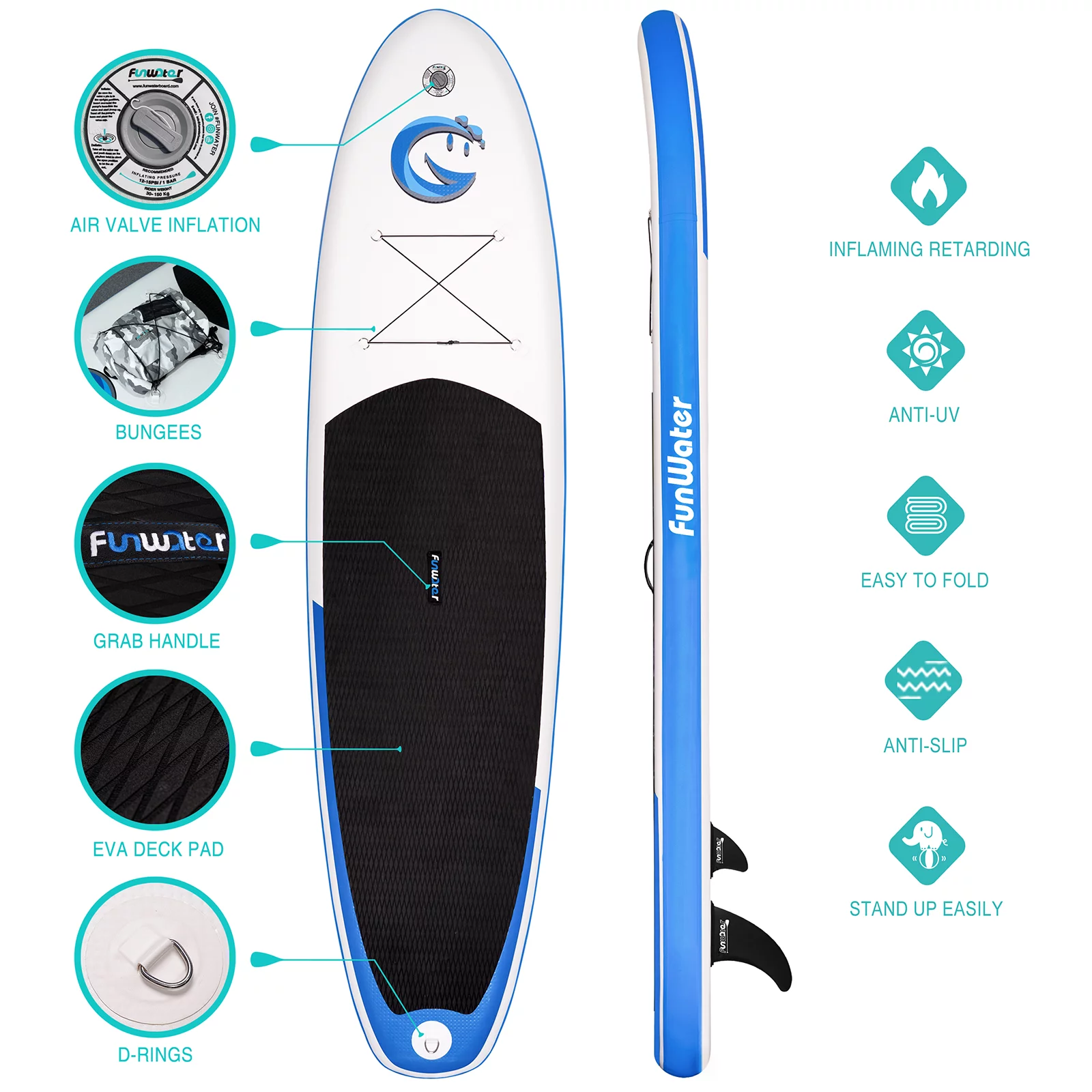 FUNWATER Stand Up Inflatable Paddle Board, SUP 11'x33''x6'' (LxWxH) with Smile Pattern Paddle Board, Advanced backpack pump, fin paddle and other accessories, Unisex