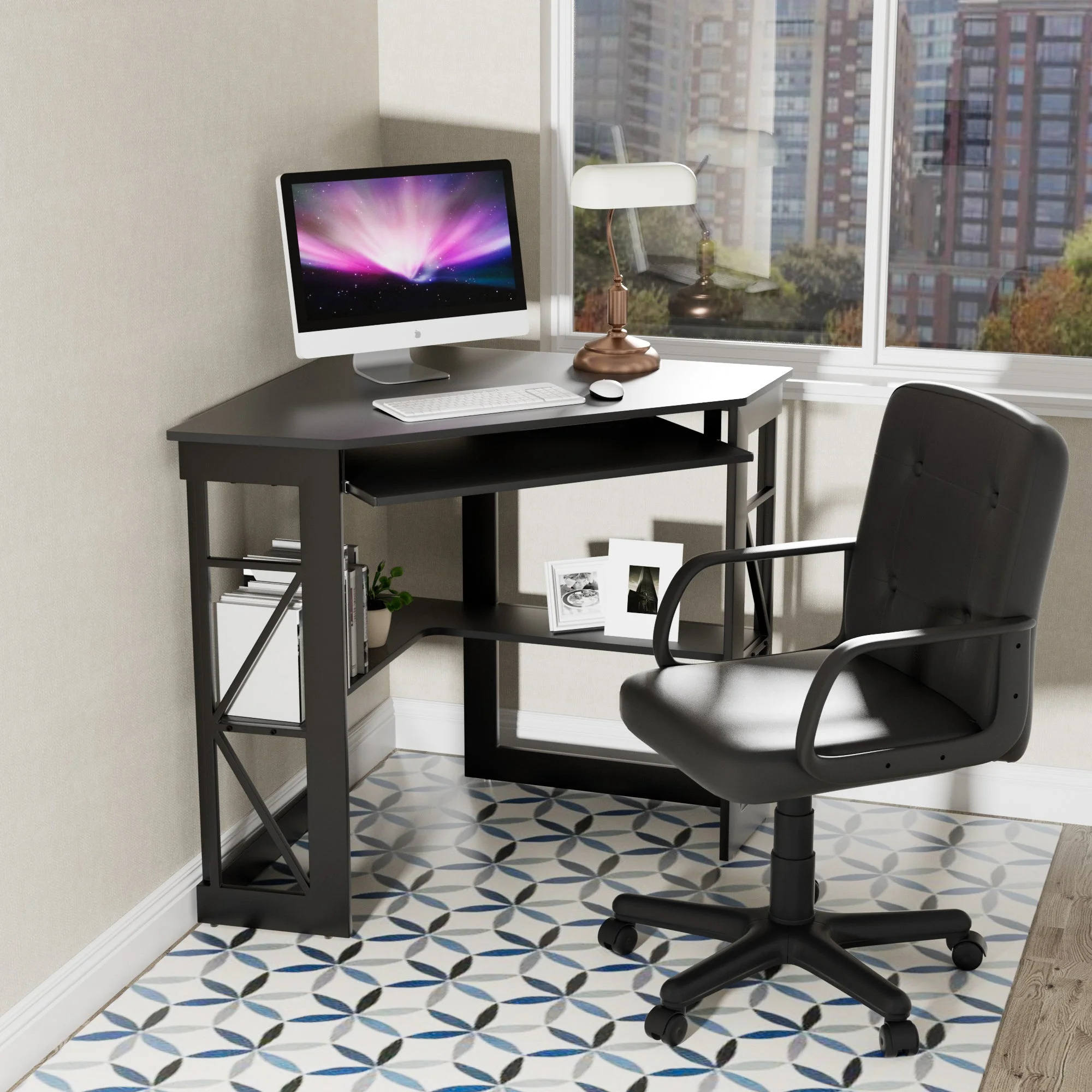 VECELO Corner Computer Desk & Chair Set, Ergonomic High Back Adjustable Height Office Chair and Study Writing Table with Keyboard Tray and Storage Shelf, Black