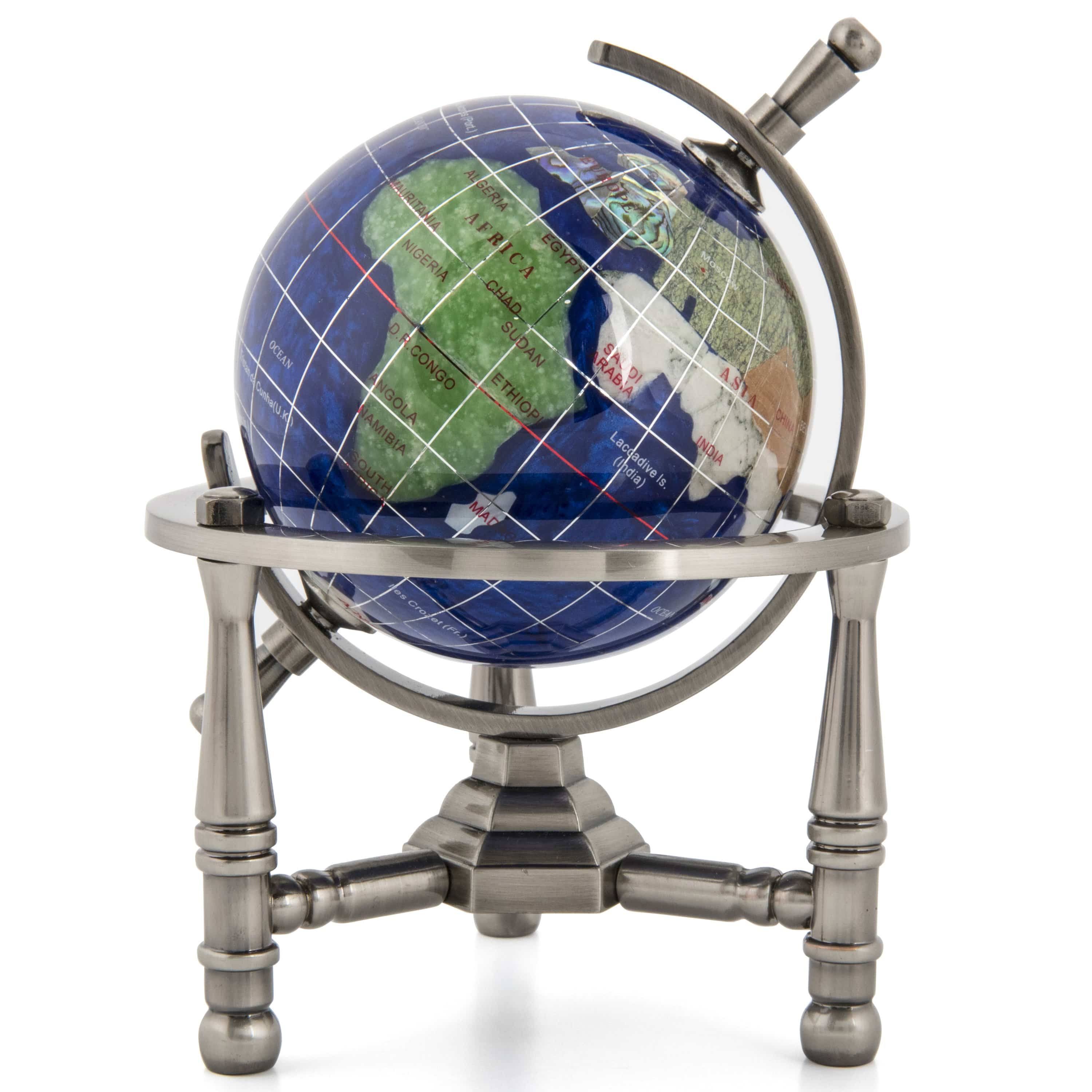 Kalifano GNT80AS-CB Caribbean Blue/Antique Silver 3x22 Gemstone Globe with Nautical 3-Leg Stand