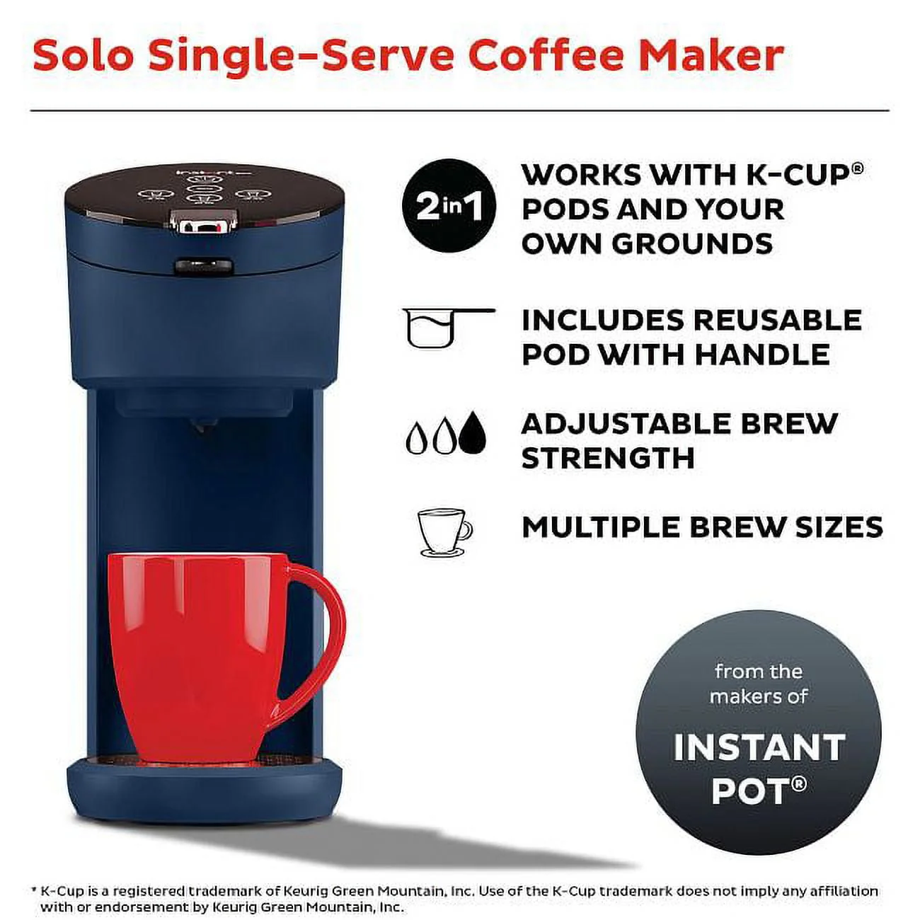 Instant Solo 2-in-1 Single Serve Coffee Maker for Ground Coffee or K-Cup Pods with 3 Brew Sizes, Maroon Red