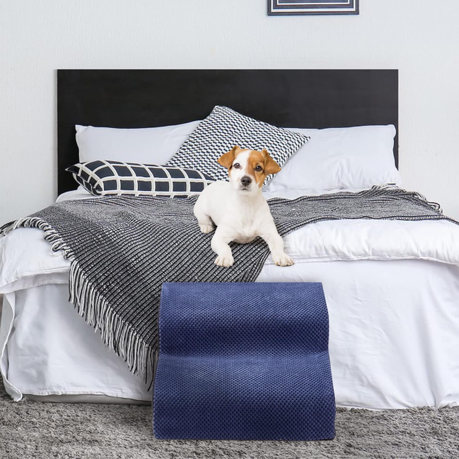 MALOROY 2 Tiers Foam Dog Ramps, Dog Ladder Pet Ramp Stairs Non-Slip Pet Step for Older Dogs and Pets with Joint Pain, Sofa Bed Ladder for Cats（Navy Blue）
