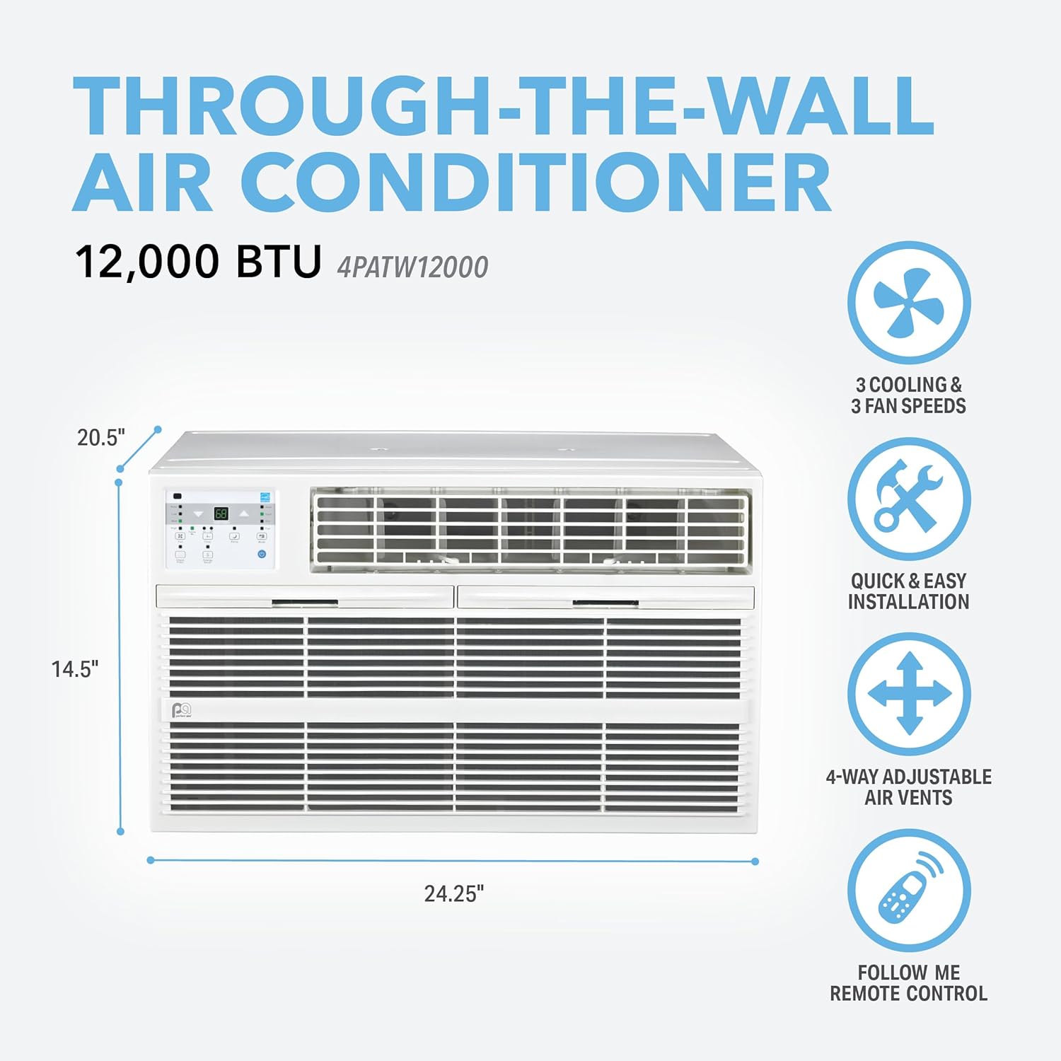 PerfectAire 4PATW12000 12,000 BTU Thru-The-Wall Air Conditioner with Remote Control, EER 10.5, 450-550 Sq. Ft. Coverage