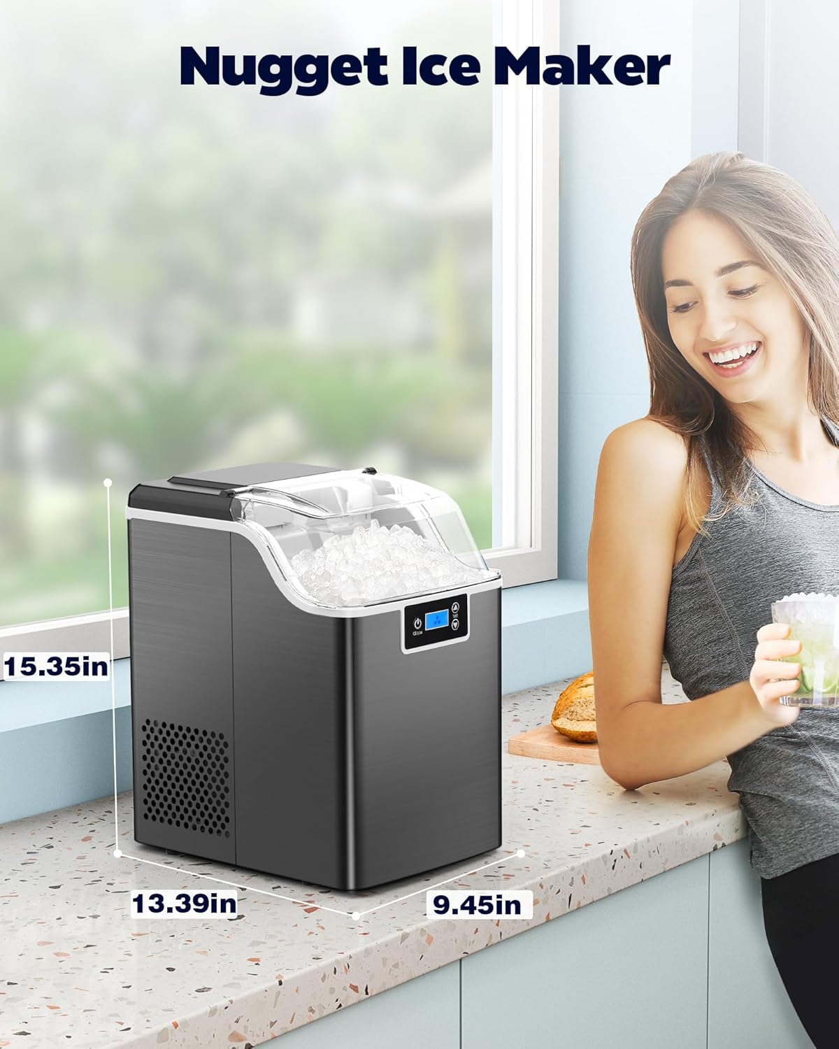 Kndko Nugget Ice Maker Countertop, Crushed Ice Maker, 45lbs/Day, 24H Timer, Self Cleaning Ice Maker Nugget Ice Cubes for Home Bar Party,Stainless Steel Black