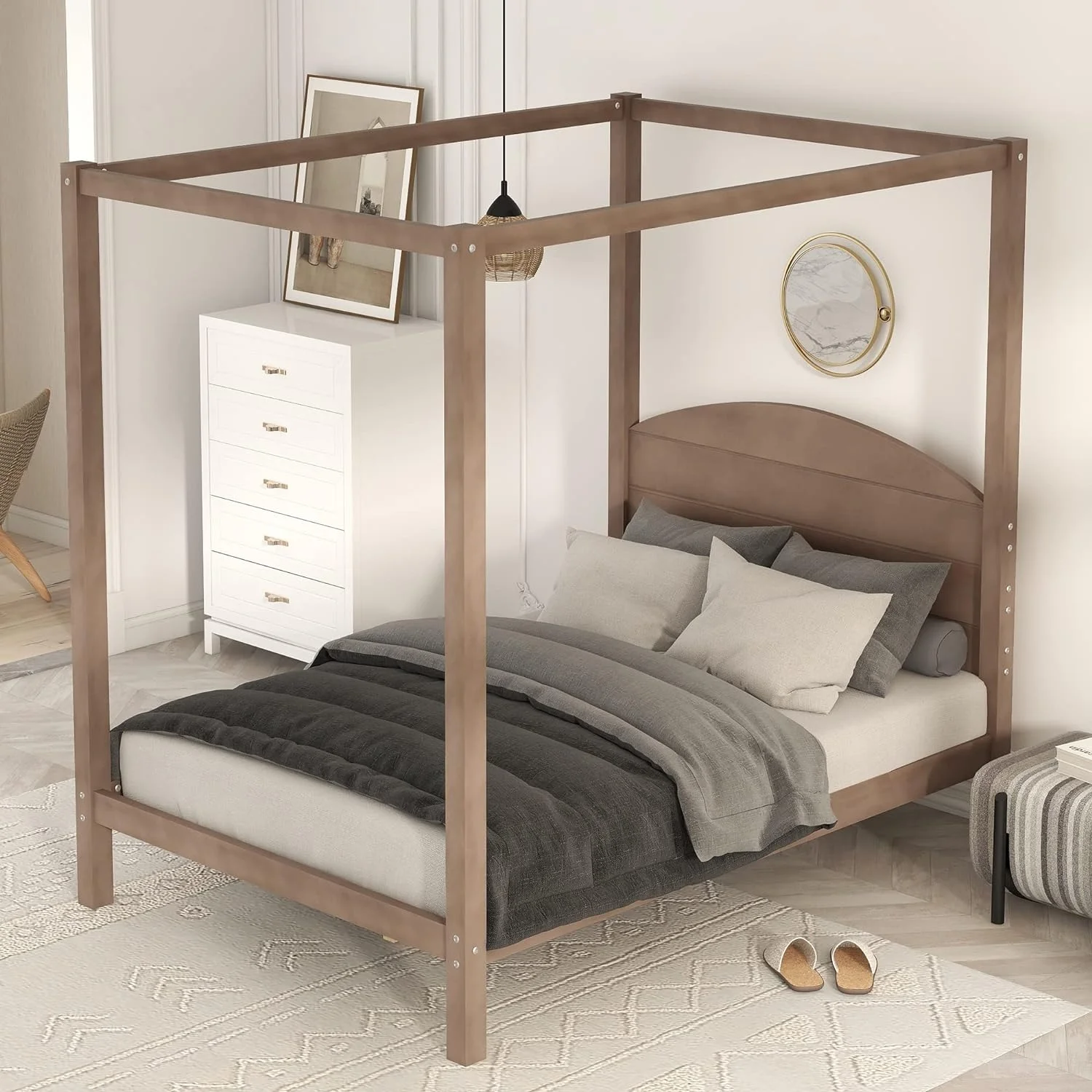 Canopy Bed Frame Full Size, 4-Post Canopy Platform Bed Frame With Headboard And Support Legs, Solid Wood Full Bed Frame For Kids Teens Adults, No Box Spring Needed (Full, Brown Wash)