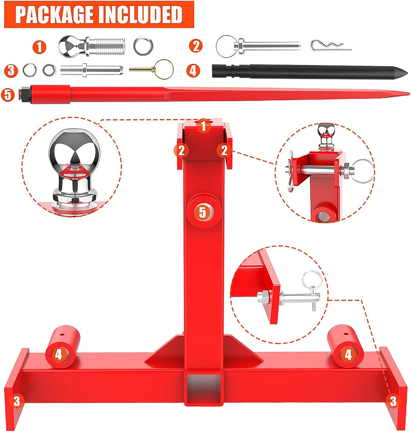 Sulythw 49” Hay Bale Spear 3 Point Trailer Hitch with 2" Receivers for Category 1 Tractors with 2 x 17” Stabilizer Spears 3000lbs Capacity & 1-7/8'' Trailer Ball Gooseneck Drawbar