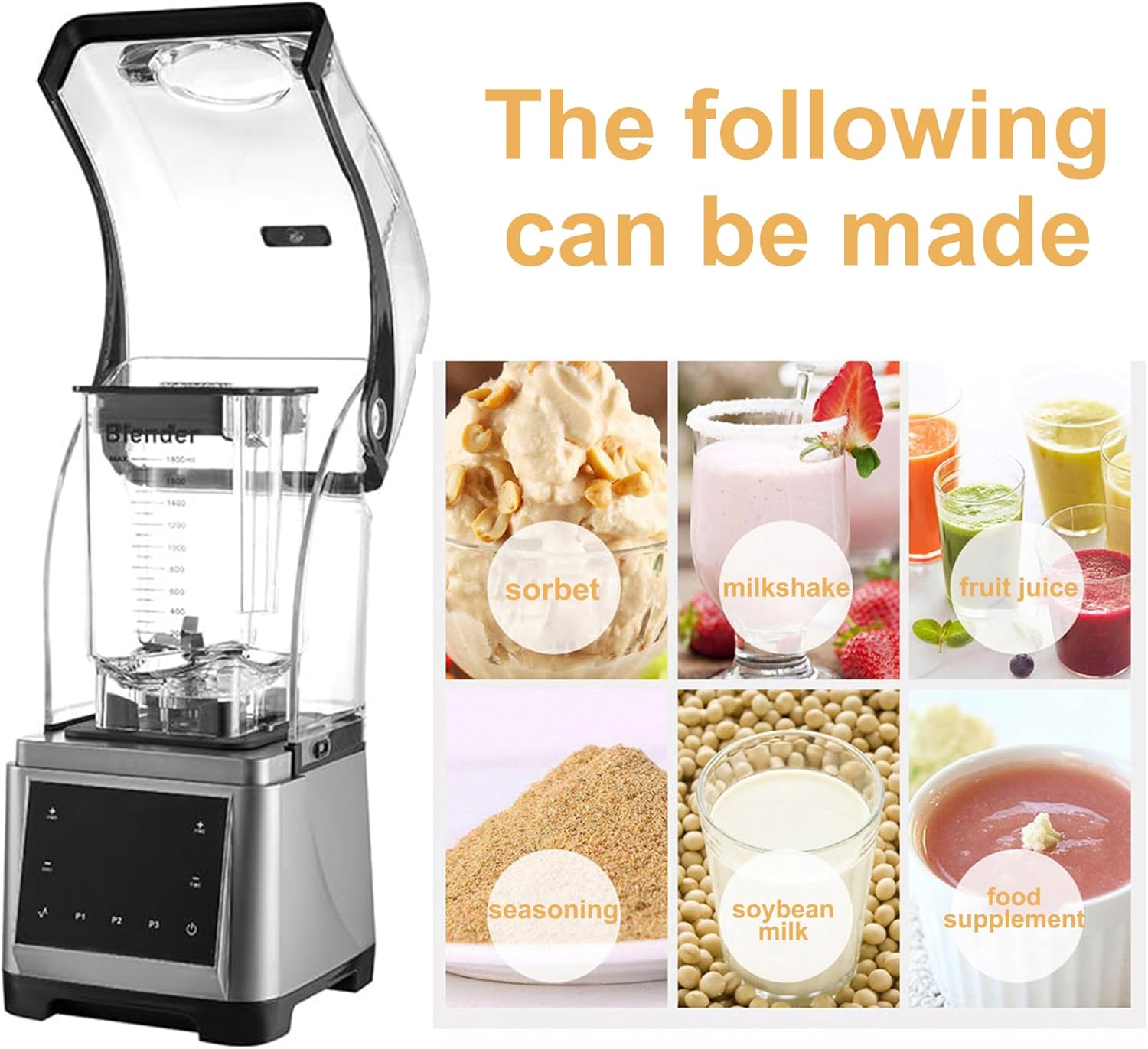 1.8L 2200W Blenders For Kitchen,Commercial Blender With Sound Shield Household High Speed Quiet Blender,Ice Mixer Blender For Make Smoothies,Juice,Soy Milk,Black And Silver Blender