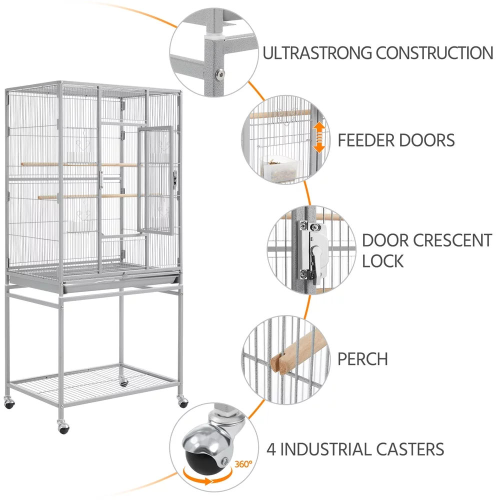 Alden Design 54" Metal Rolling Bird Cage with Detachable Stand, Light Gray - Curated Treasures Market