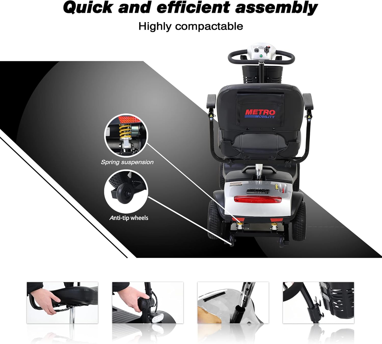 Mobility Scooter Delivers 4 Wheel with Head Light- Max Speed 5 Mph, Max Load 265lbs,Adults Electric Medical Scooter , Lightweight and Compact for Travel(Black Whit Head Light)
