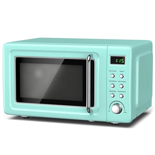 SIMOE Microwave Oven Retro Countertop Compact Microwave Oven, Child Safety Lock, Defrost & Auto Cooking Function, LED Display, Glass Turntable and Viewing Window