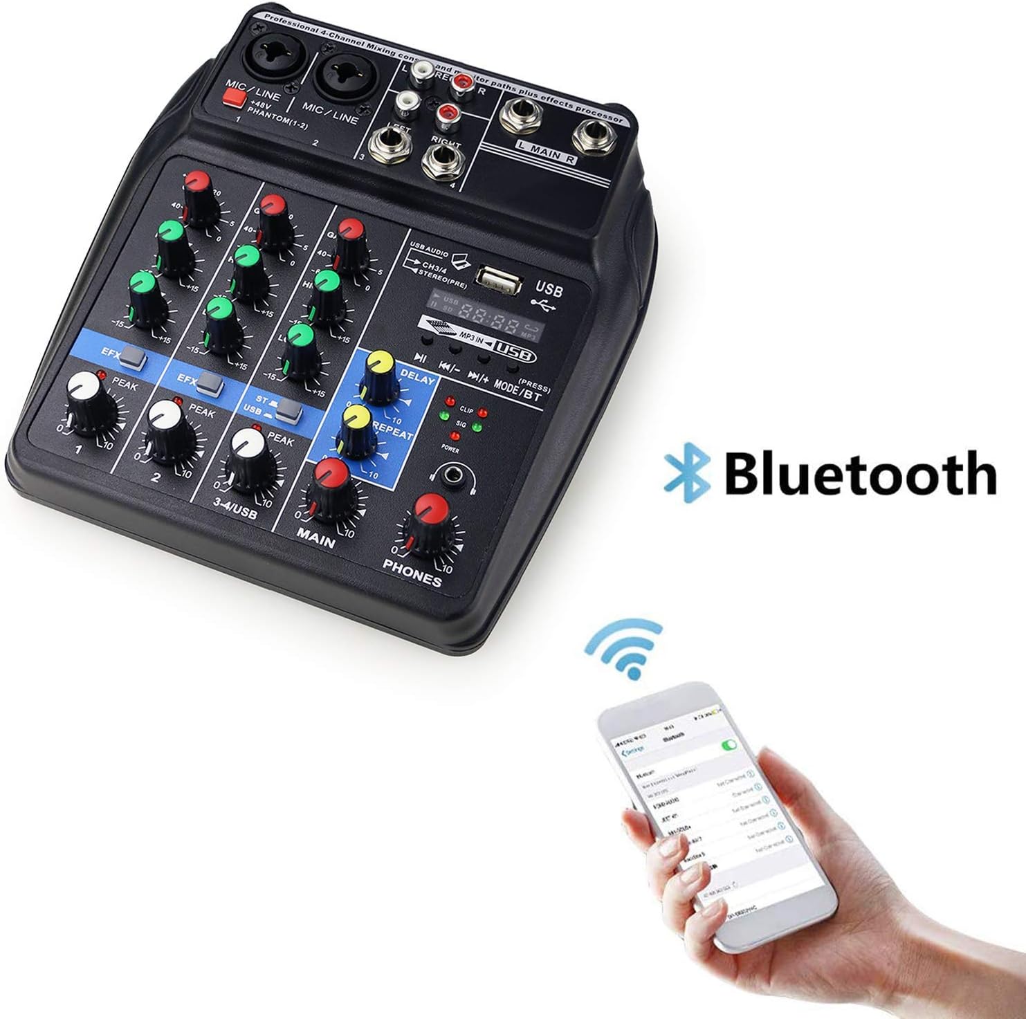 Ultra Low-Noise 4 Channels Audio Mixer - Sound Mixing Console Line Mixer with Sound Card and Built-in 48V Phantom Power for Home Music Production, Webcast, K Song and Other Needs by YOUSHARES Pack of 2