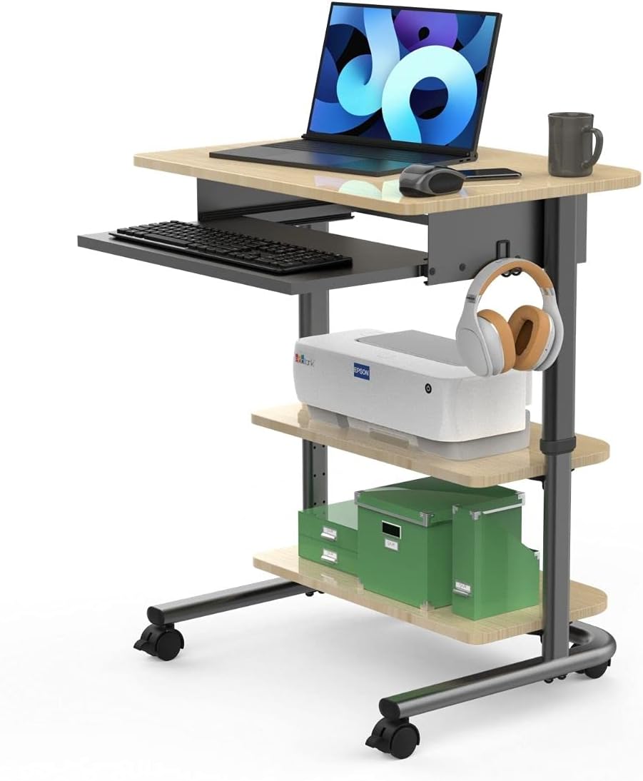 Adjustable Height Mobile Workstation with Retractable Keyboard Tray (Charcoal Frame/White Oak Top, 29” Wide)