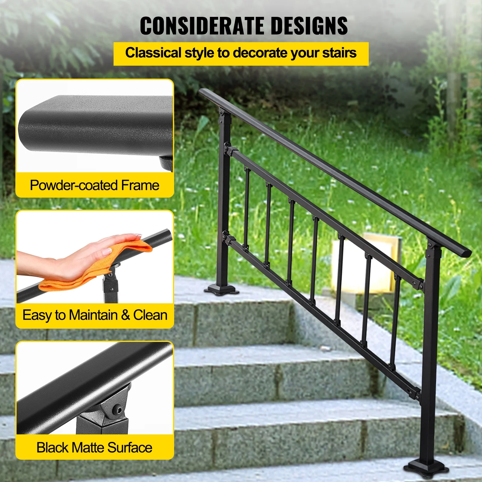 BENTISM Iron Handrail Stair Railing Hand Rail Kit 0-5 Steps Outdoor Black w/ Bars