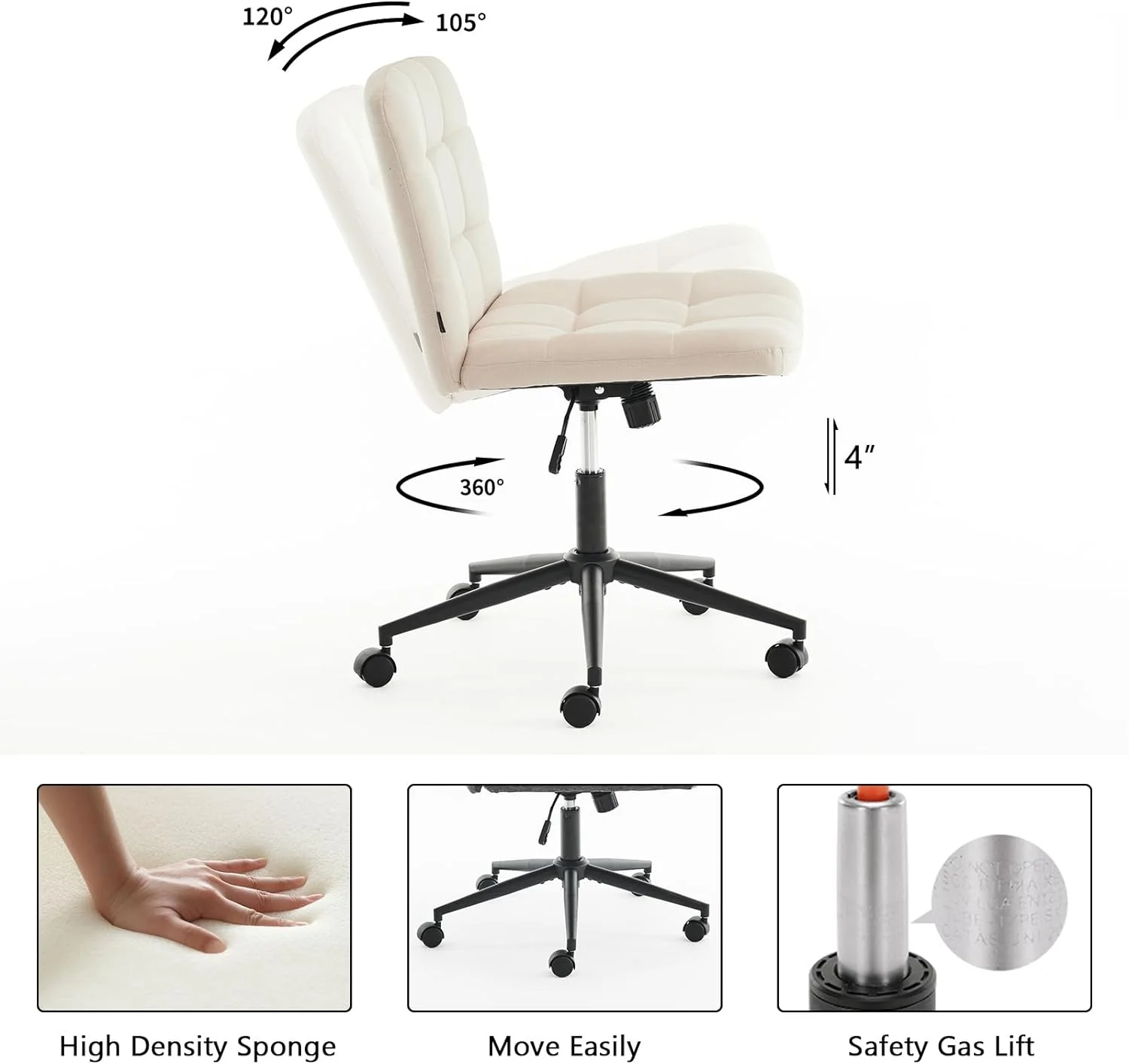 Wide Armless Desk Chair with Wheels, Mid Back Swivel Criss Cross Chair for Home Office, Height Adjustable Wide Seat Home Office Task Chairs, Beige