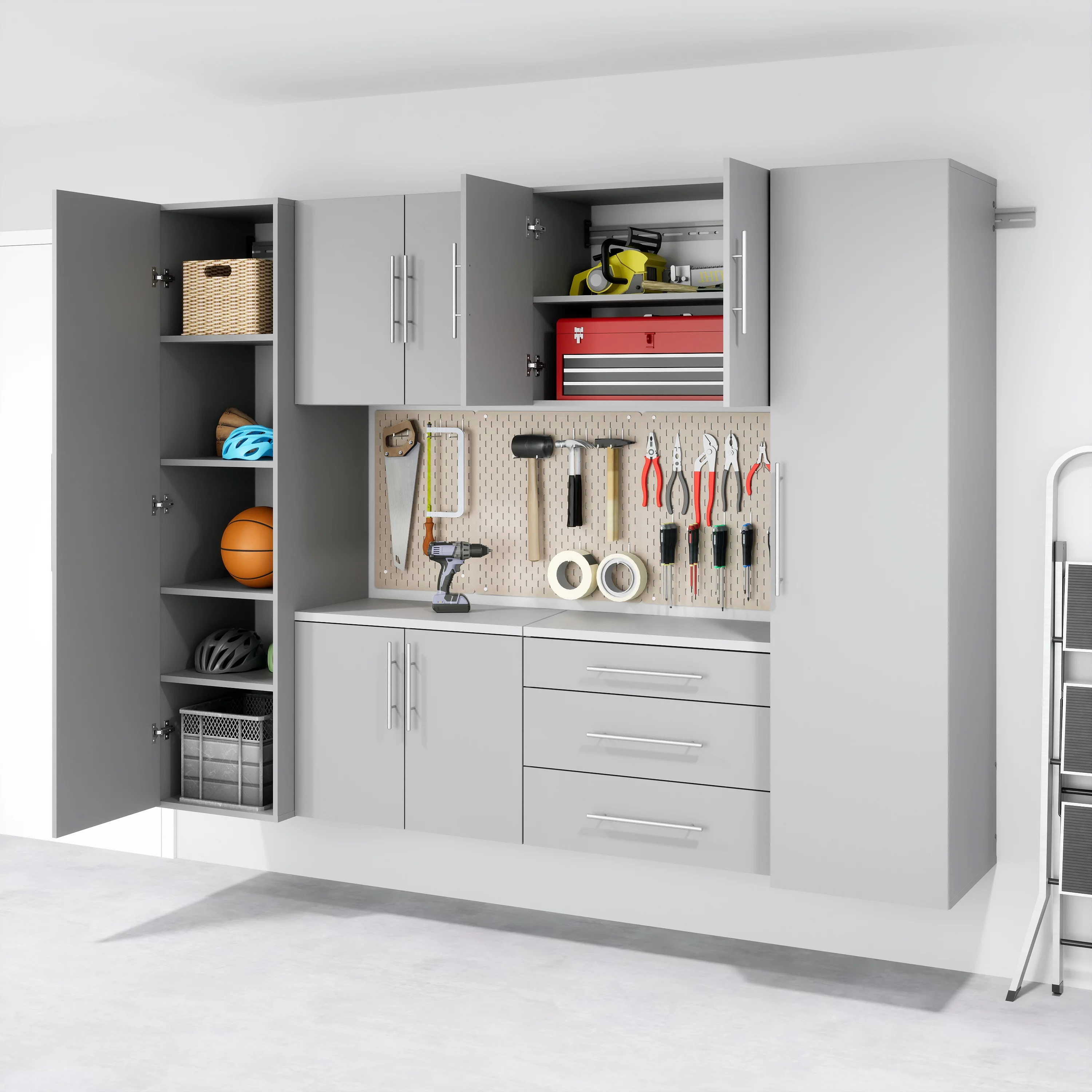 Prepac HangUps Narrow Wall Mounted Garage Storage Cabinet, 18" W x 72" H x 20" D, Light Gray