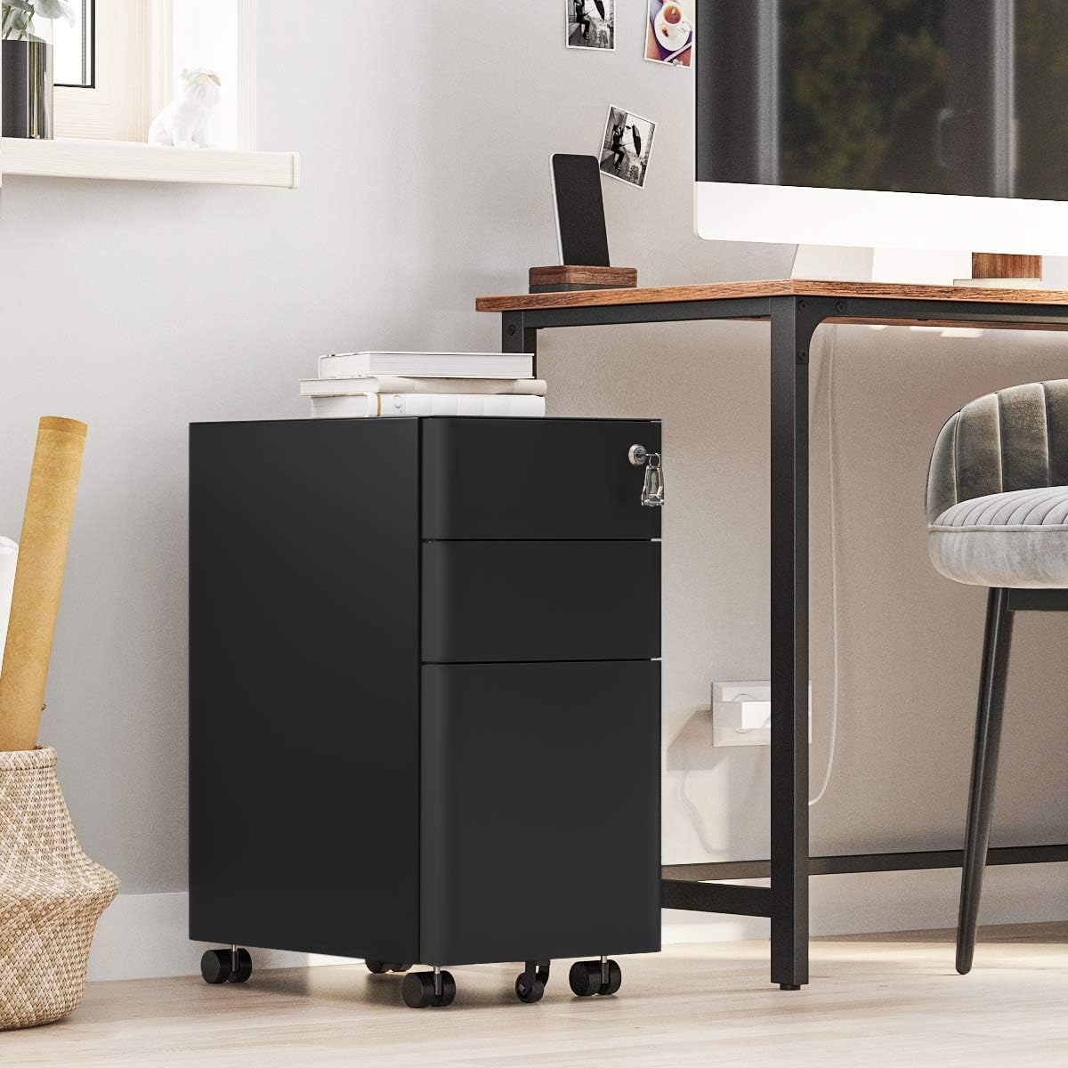 SONGMICS File Cabinet , Steel Filing Cabinet with 3 Drawer, Mobile Pedestal Cabinet Under Desk, with Lock, Fully Assembled Except Casters, Black UOFC030B01