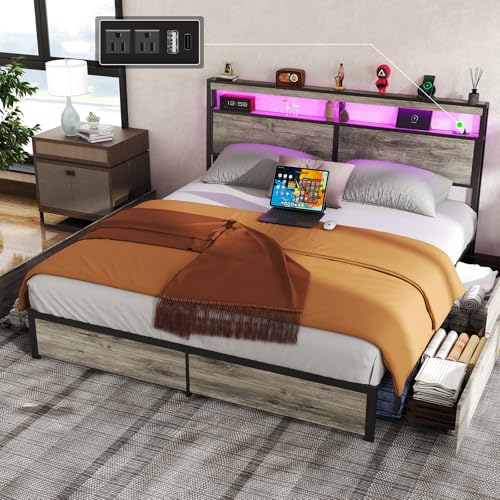 SADENICEL Queen Bed Frame with Storage Headboard and 4 Drawers, Metal Platform Bed Frame with LED Light, Charging Station, No Box Spring Needed, Noise Free, Easy Assembly, Vintage Brown