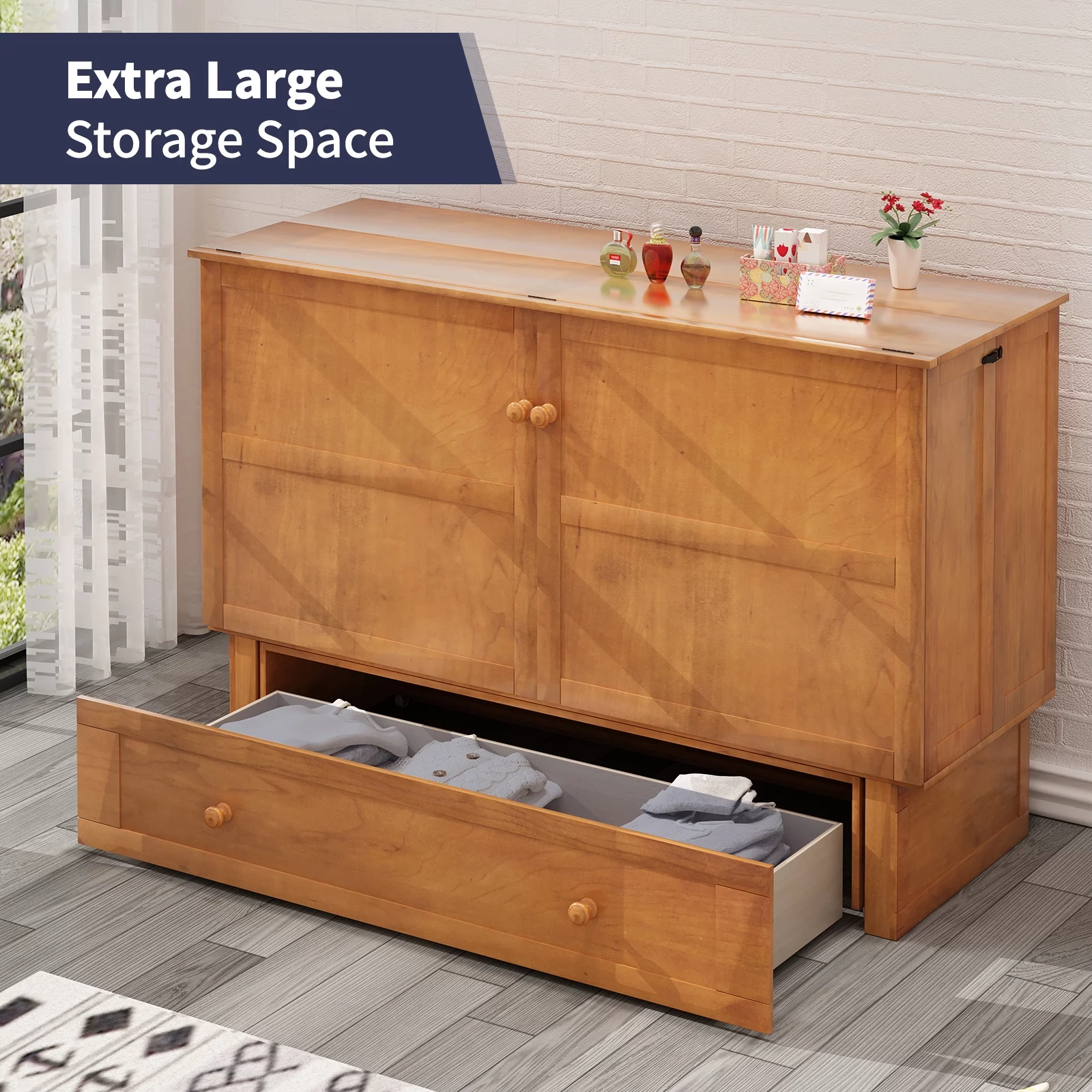 ZAFLY Murphy Bed with Trifold Foam Mattress, Cabinet Bed has USB Charging Station, Queen Size Cabinet Chest Bed with Large Drawers for Living Room/Bedroom (Cherry)